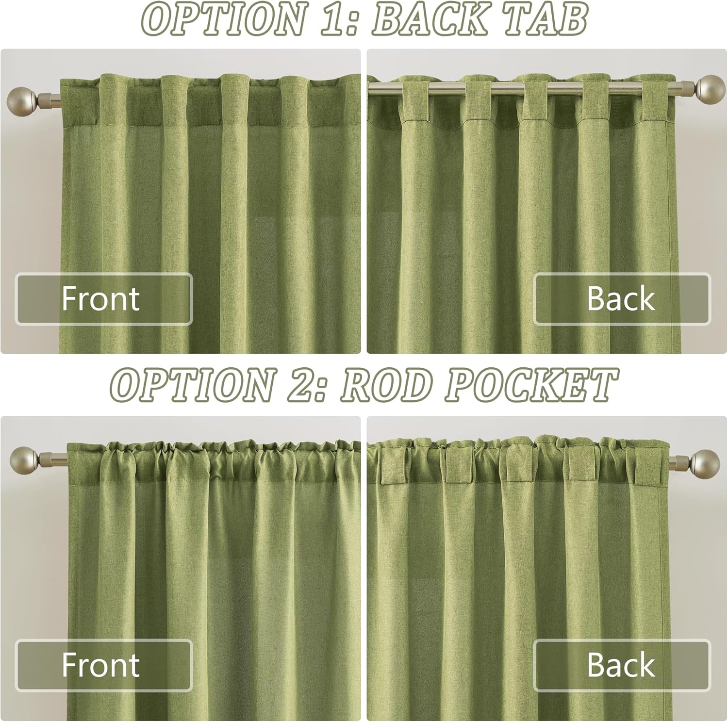 RAIN CITY Sage Green Curtains 96 Inches Long Back Tab Rod Pocket Light Filtering Semi Sheer Linen Textured Spring Summer Airy Draeps for Living Room Bedroom Boho Decor 34x96 8FT 2 Panels Set