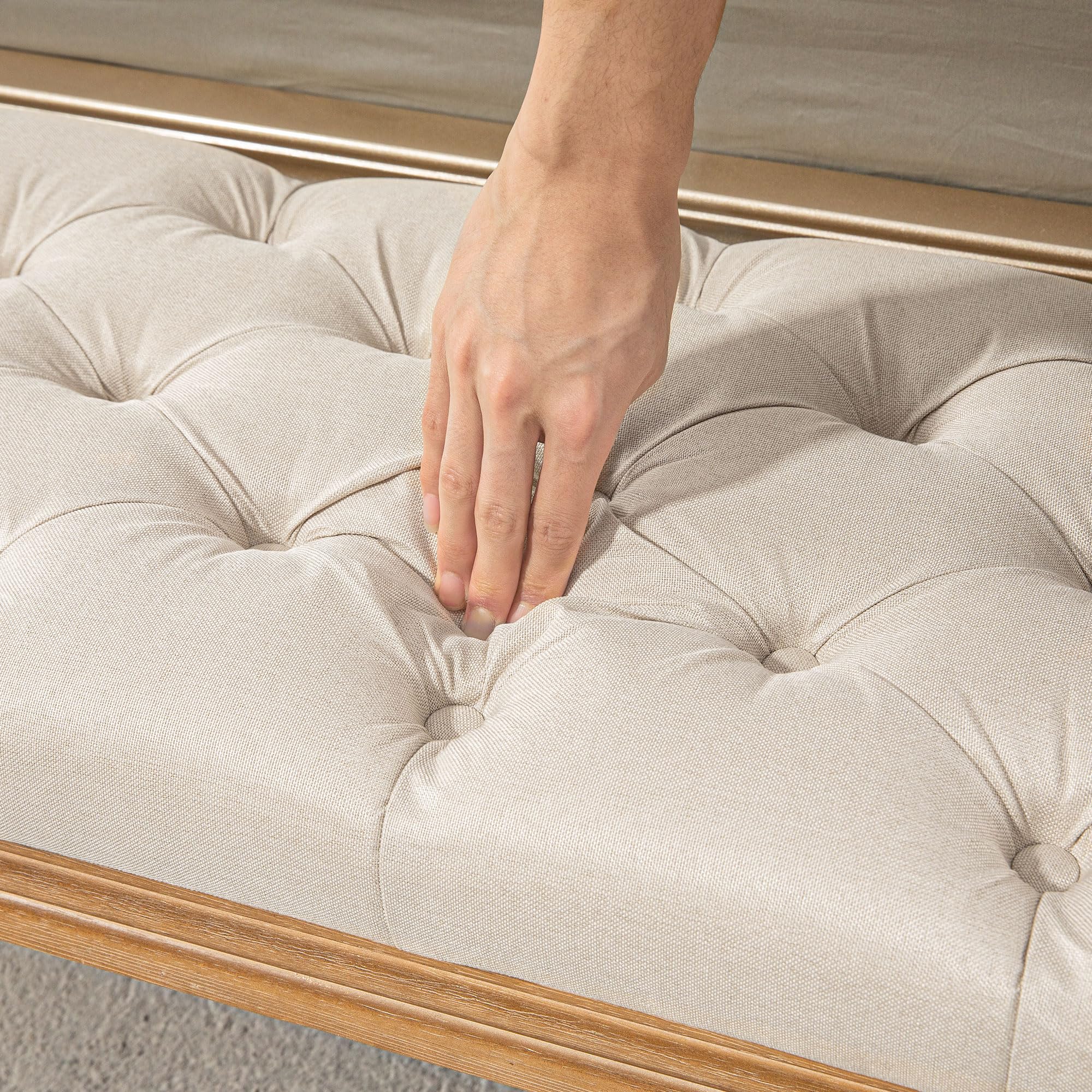 HOMCOM Banc, banc rembourré avec aspect lin, pieds en bois, banc de lit pour chambre à coucher, salon, couloir, 120 x 41 x 48 cm, crème