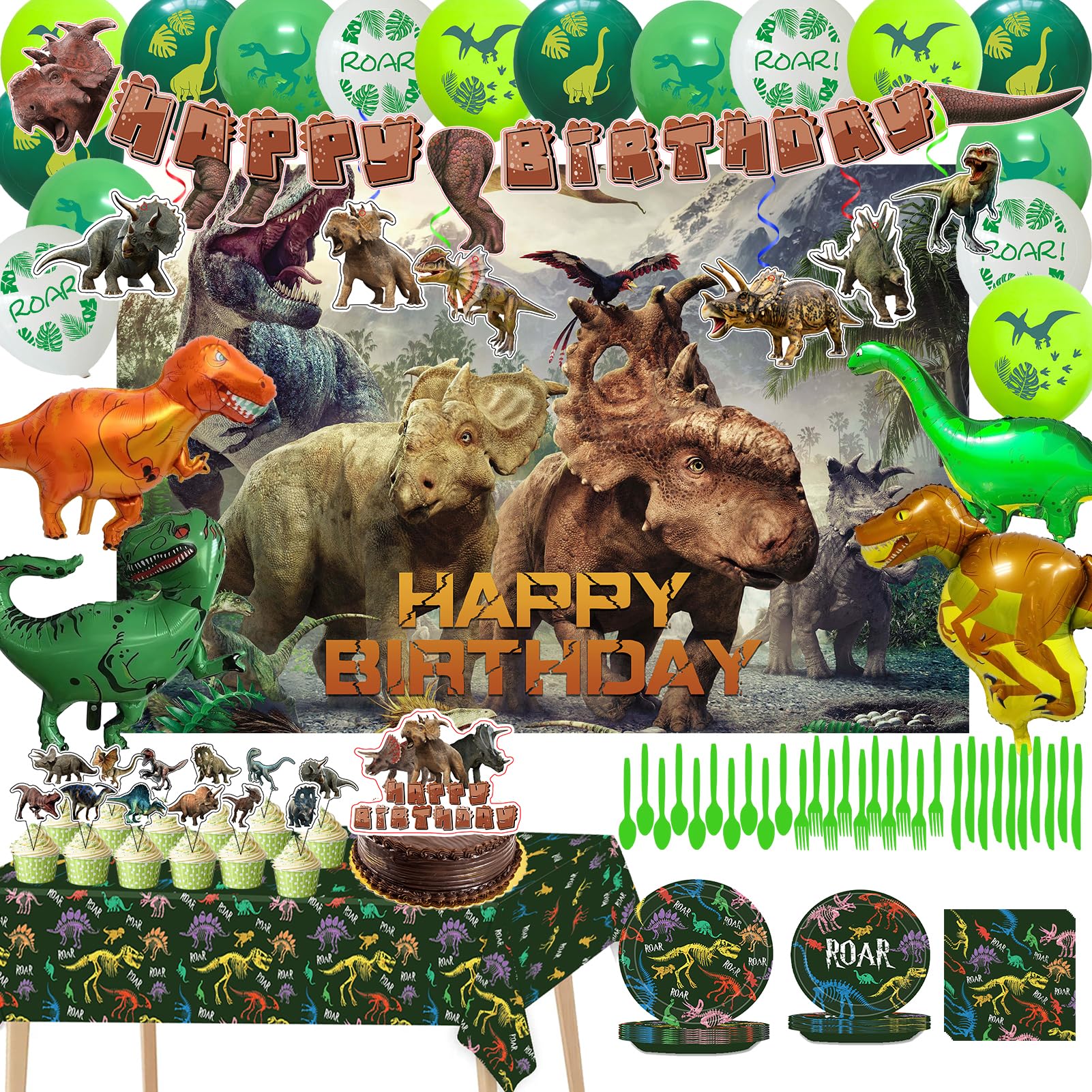 Dinosaur Birthday Party Supplies, Dinosaur Style Decorations Include Backdrop, Tablecloth, Banners, Cake Decoration, Cupcake Toppers, Latex and Aluminum foil Balloons, Hanging Swirls, Tableware Set