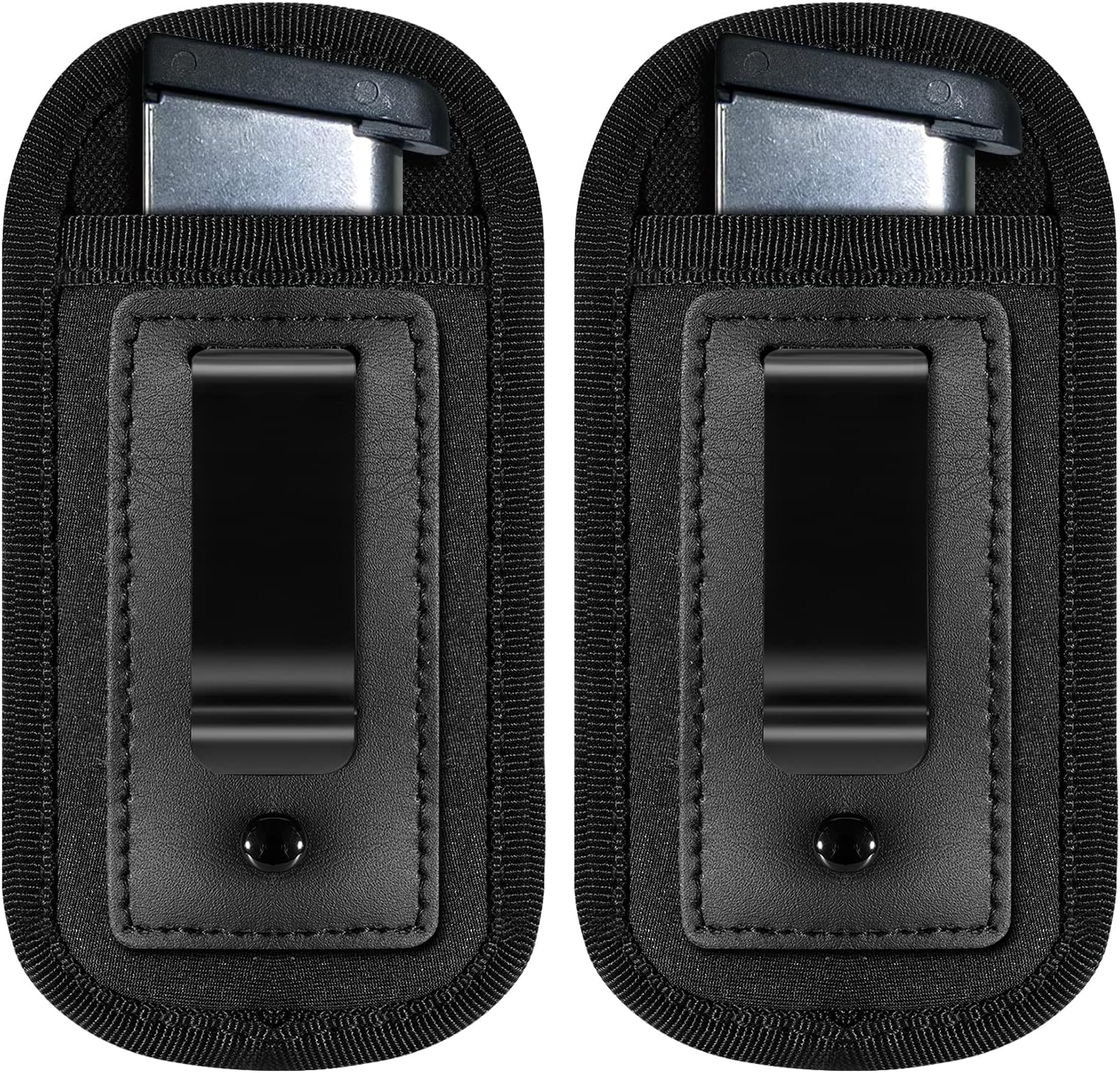 2 Pack Universal Magazine Holster IWB Clip, Pistols Mag Holder Pouch for Concealed Carry Single Double Stack Magazine for 9mm .40 .45 .380, Fits Any 7 10 15 Round Clips for All Pistols (All Black)