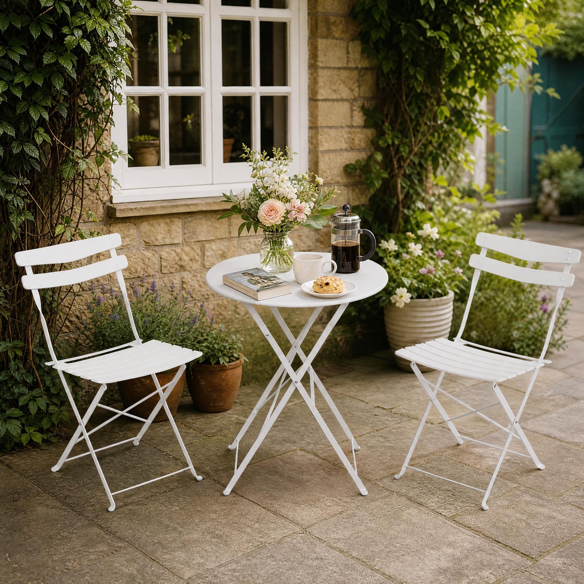 GarveeMore 3 Piece Bistro Set for 2, Folding Garden Table & Chairs Set of 2, Weatherproof Metal Outdoor Seating, Small Balcony Set, No Assembly 2 Seater Patio Set for Gardens & Terraces - White