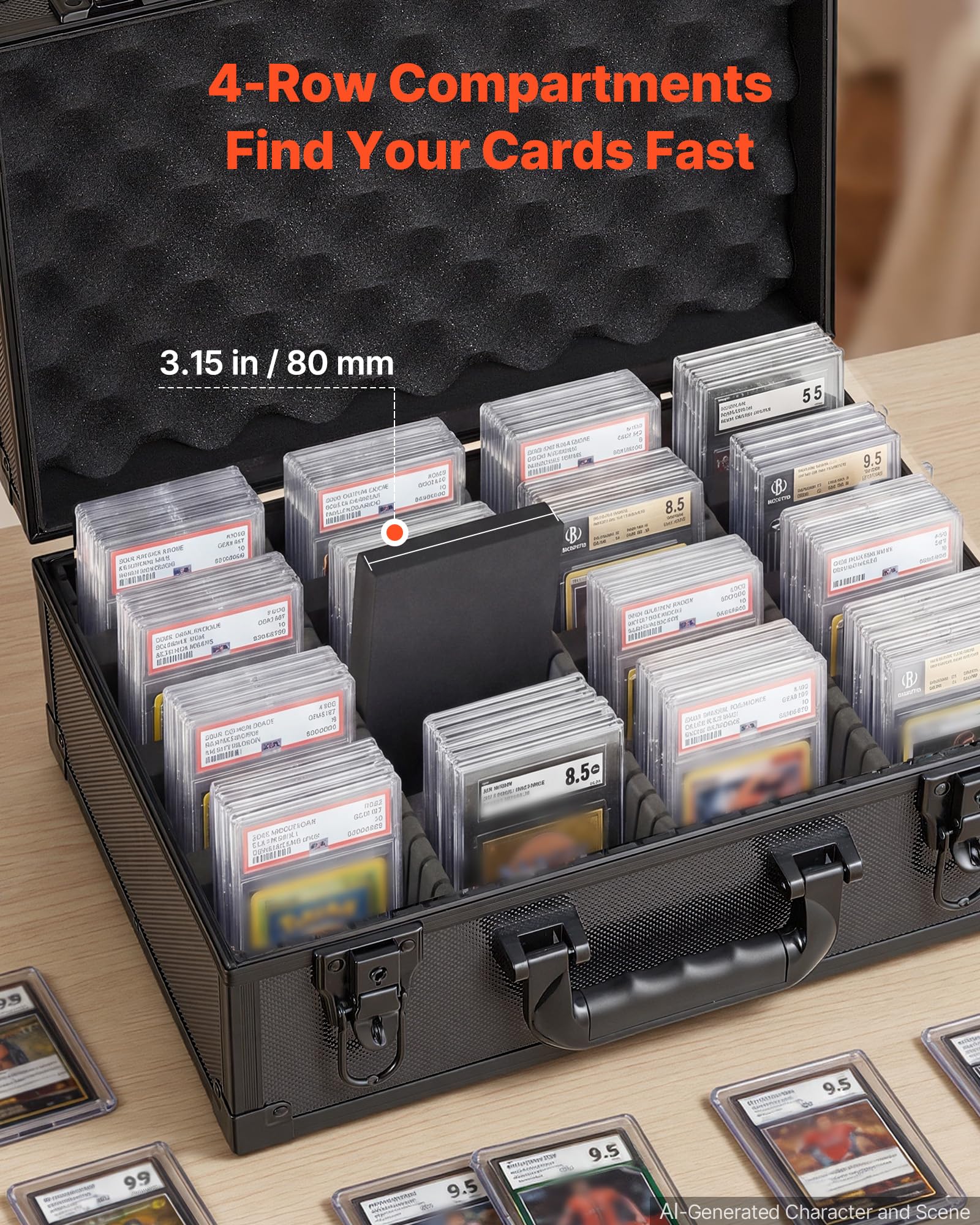 VEVOR Boîte de Rangement Carte Gradée 120 PSA 4 Rangées Mallette à Serrure | Pour Cartes de Sport et Collection, Capacité 95 SGC 85 BGS 435 Toploaders 999+ Cartes en Vrac, avec 2 Clés, 12 Séparateurs