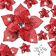 24 Pieces Christmas Glitter Poinsettia with Clips Christmas Poinsettia Decorations Artificial Poinsettia Flowers Ornament Christmas Flowers for New Year Wedding Home Decoration 5.9inch/15cm Red
