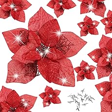24 Pieces Christmas Glitter Poinsettia with Clips Christmas Poinsettia Decorations Artificial Poinsettia Flowers Ornament Christmas Flowers for New Year Wedding Home Decoration 5.9inch/15cm Red