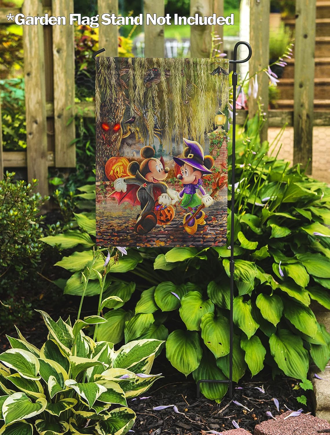 Flagology, Thomas Kinkade Disney, Mickey and Minnie Halloween Fun – Garden Flag 12" x 18", Outdoor Flag, Exclusive Premium Fabric, Licensed Thomas Kinkade Disney, Halloween