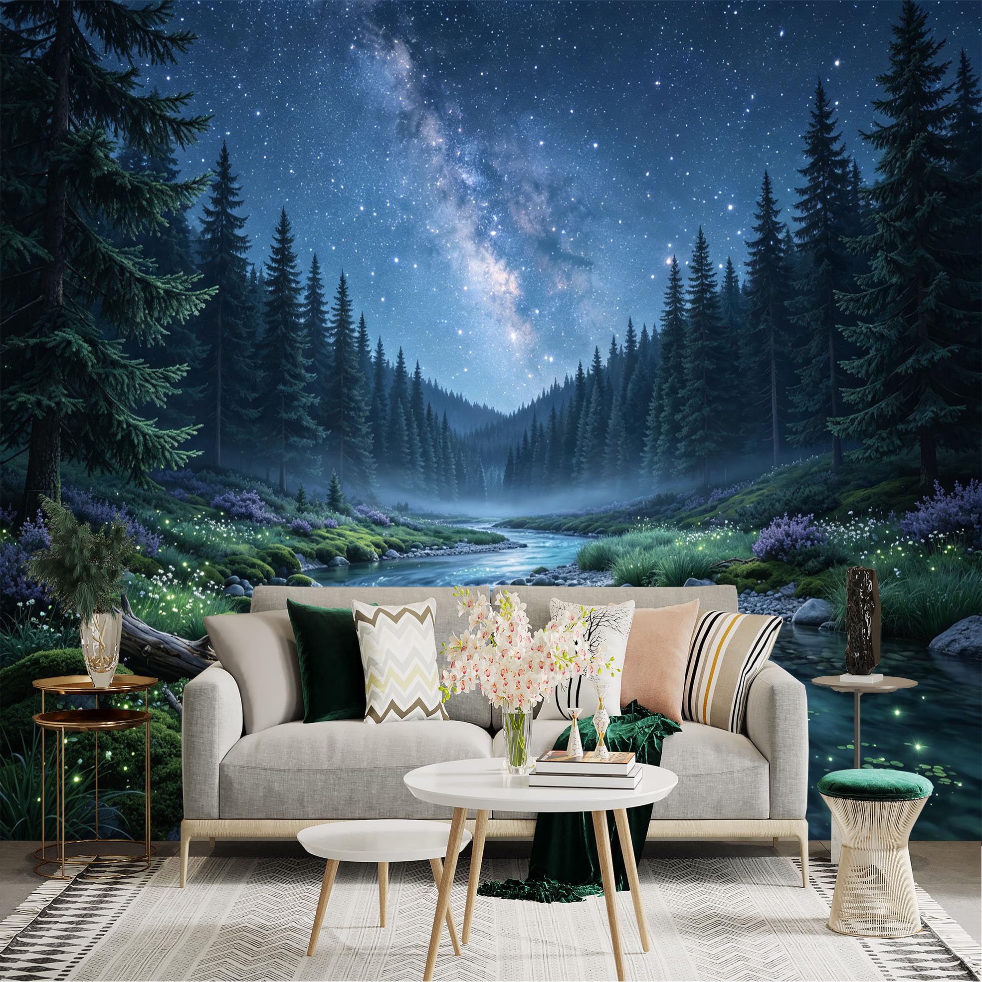 Lnzczhyre Bh260719292 Custom Size Wall Sticker Mural， Milky Way Night Sky， Misty River， Dark Forest， Mossy Riverbank， For Wall Decoration， Peelandstick Wall Decals.