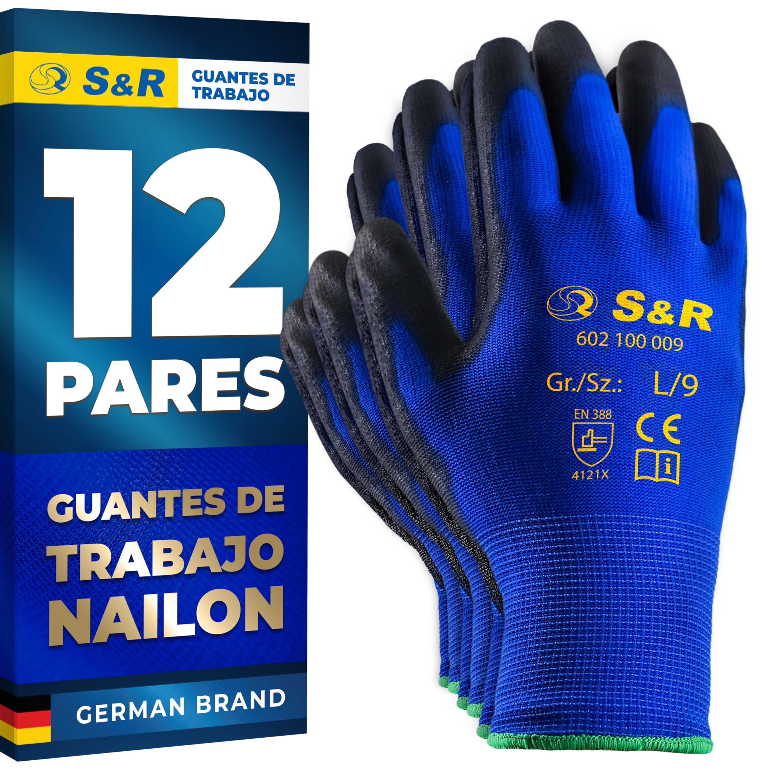 S&R 12 PARES Guantes de Trabajo Bricolaje Jardinería Construcción Pintura. Guantes con Nailon para Hombre Mujer Ligeros y Resistentes Tallas 8/9 / 10