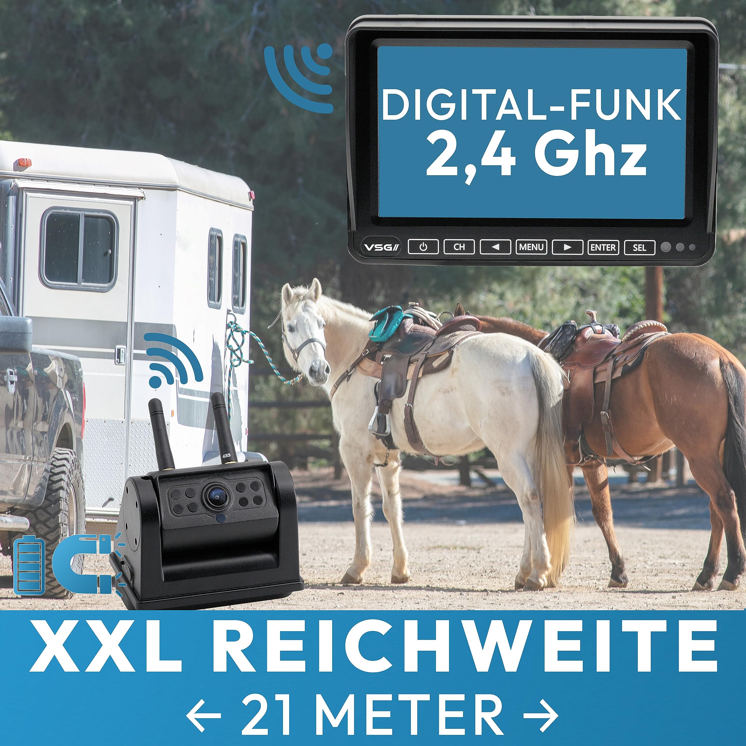 VSG24 Element HD Funk Rückfahrkamera Set – 7 Zoll HD Monitor – wetterfeste IP68 Akku-Magnetkamera – 140° Weitwinkel – 21 m Funkreichweite – für Wohnmobil, Pferdeanhänger & Transporter