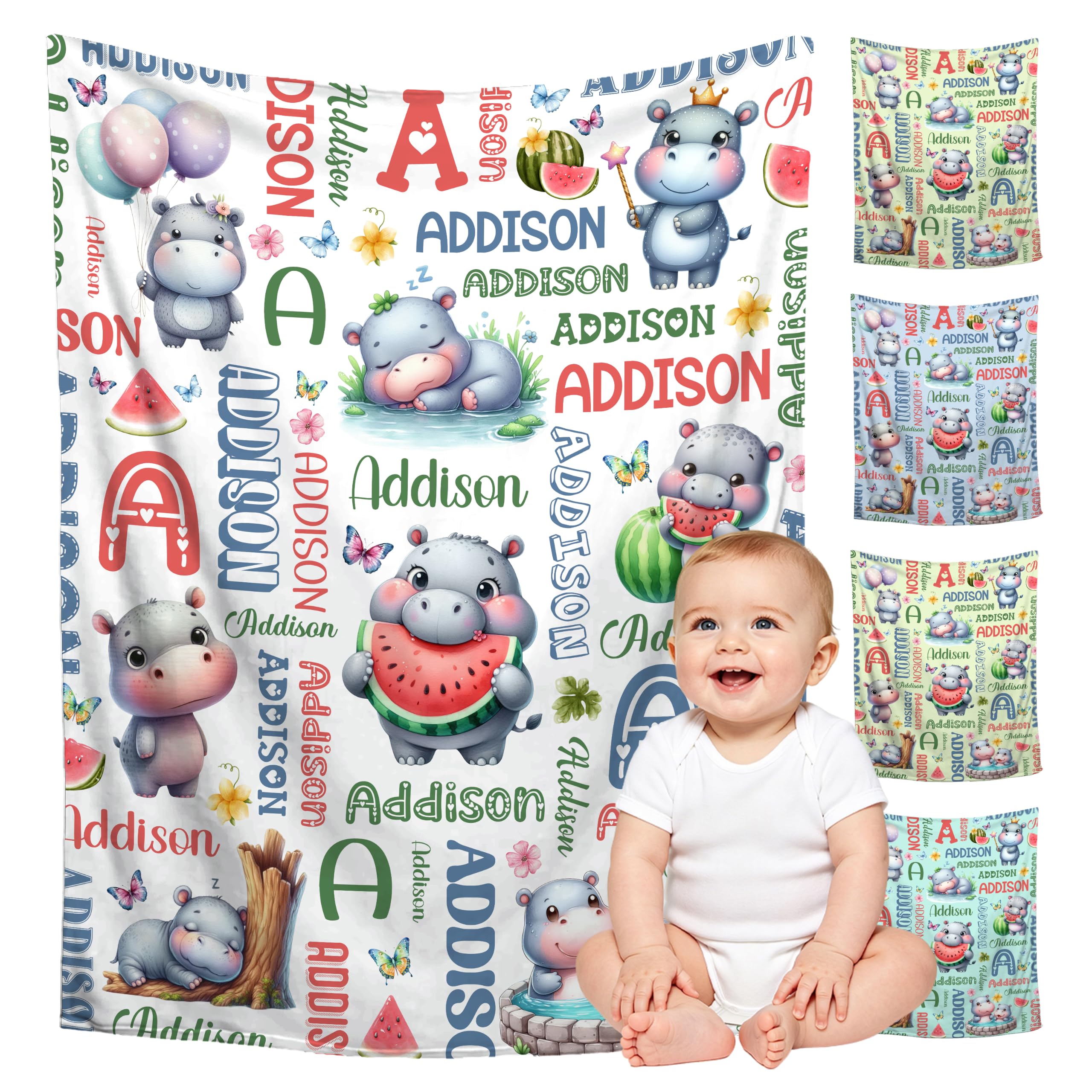 Custom Hippo Blanket for Boys Girls,Ultra Soft Personalized Gifts Baby Blanket,Customized Throw for Toddlers Newborn Stroller Crib,30"x40"