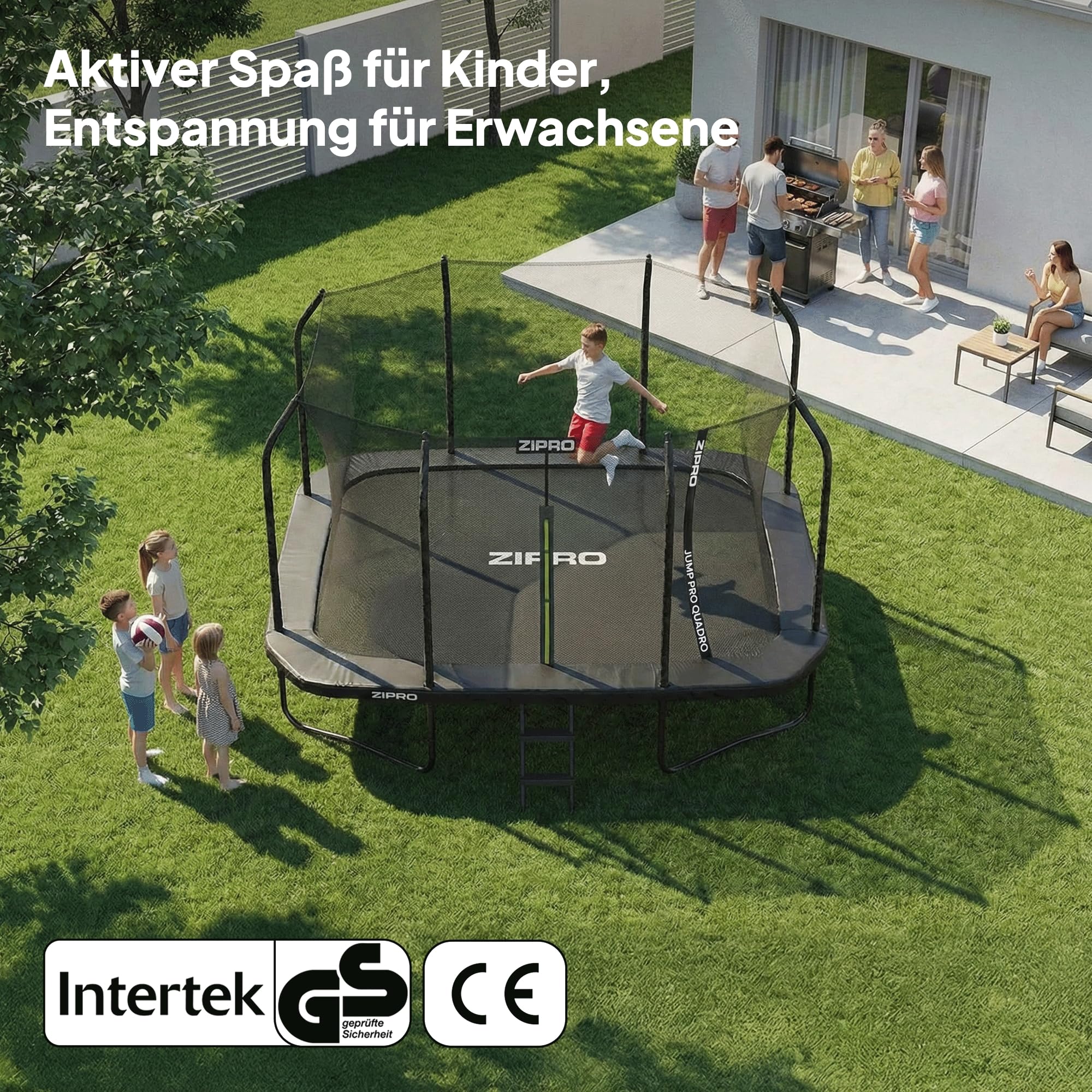 ZIPRO Trampolin Outdoor - Gartentrampolin Bodentrampolin Garten mit Trampolinnetz Trampolinmatte Trampolinleiter Netz Leiter 366/472 cm 12ft 14ft bis 150 kg Familientrampolin - Quadro