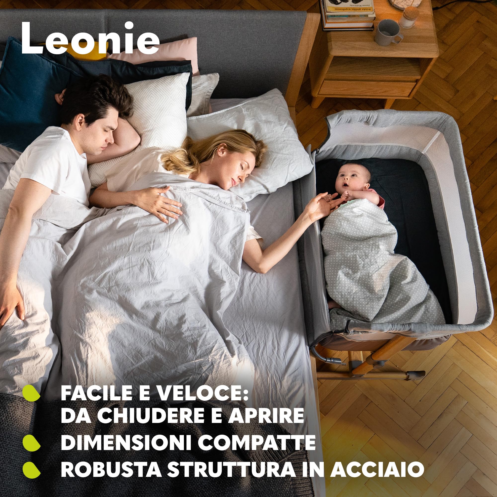 lionelo LEONIE culla e lettino da affiancare per neonato con materasso e funzione dondolo Regolazione in altezza a 5 livelli Opzione d’inclinazione Arioso co-sleeping portatile culla 2 ruote (Beige)