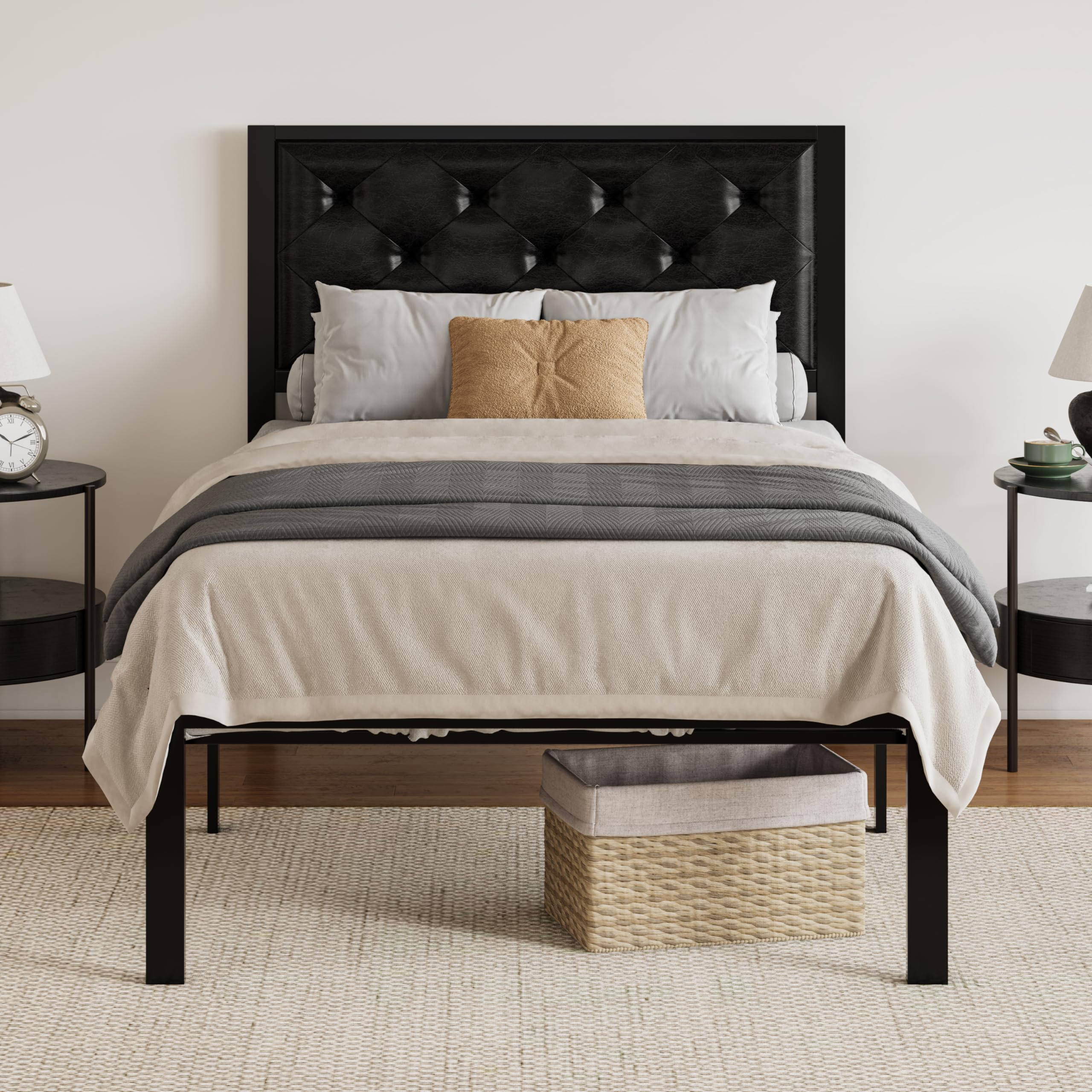 SHA CERLIN Twin Size Metal Platform Bed Frame, PU Leather Upholstered Button Tufted Headboard, Mattress Foundation with 12.4” Under-Bed Storage,