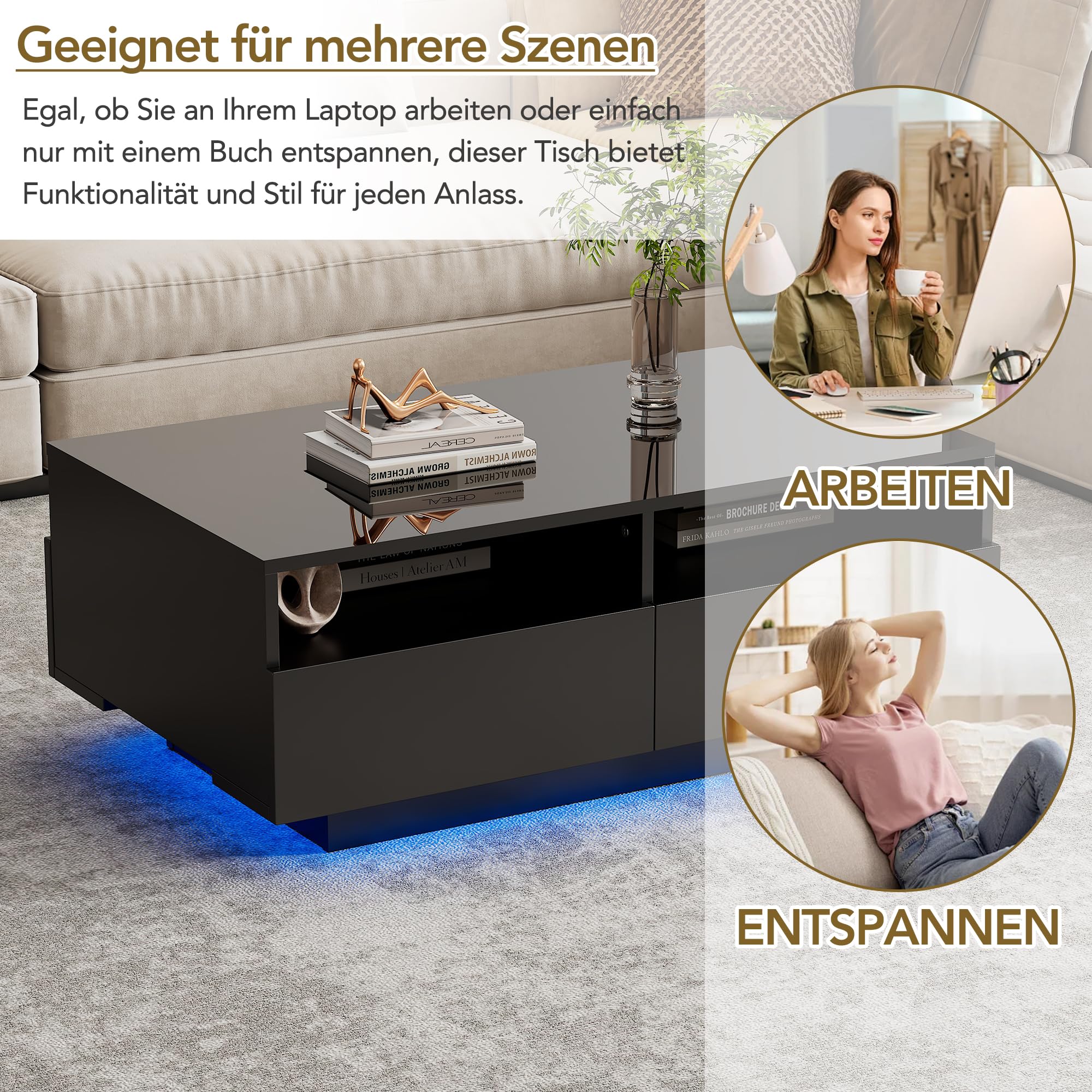 Merax Salontafel, zwart, woonkamertafel, hoogglans met