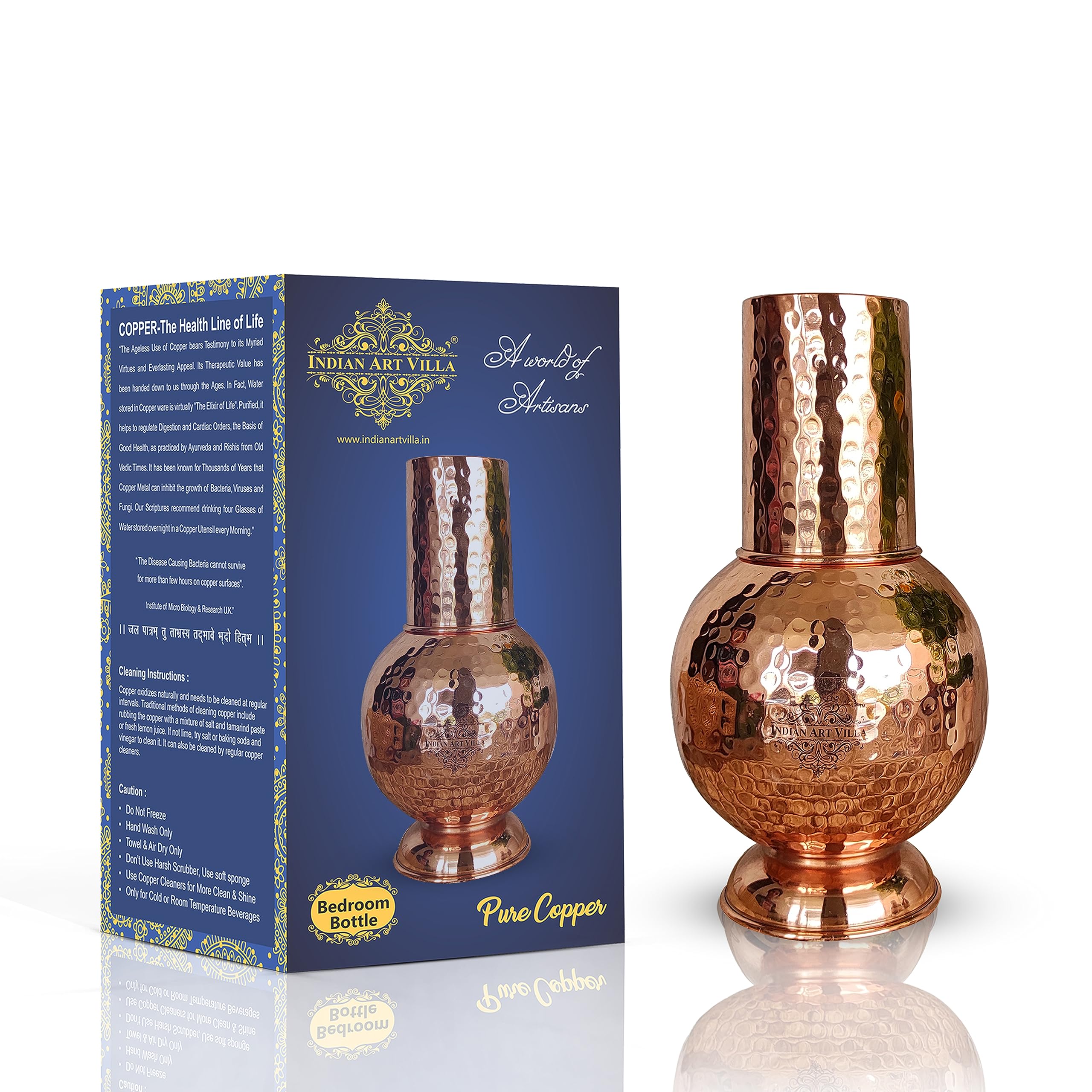 INDIAN ART VILLA Copper Water Bottle with Inbuilt Glass - Surahi Design, Copper Bottom Hammered Finish - 1100 ml Volume - Bedroom Hydration Solution (1 Pack) (B099DHRZH7) Amazon Price History, Amazon Price Tracker