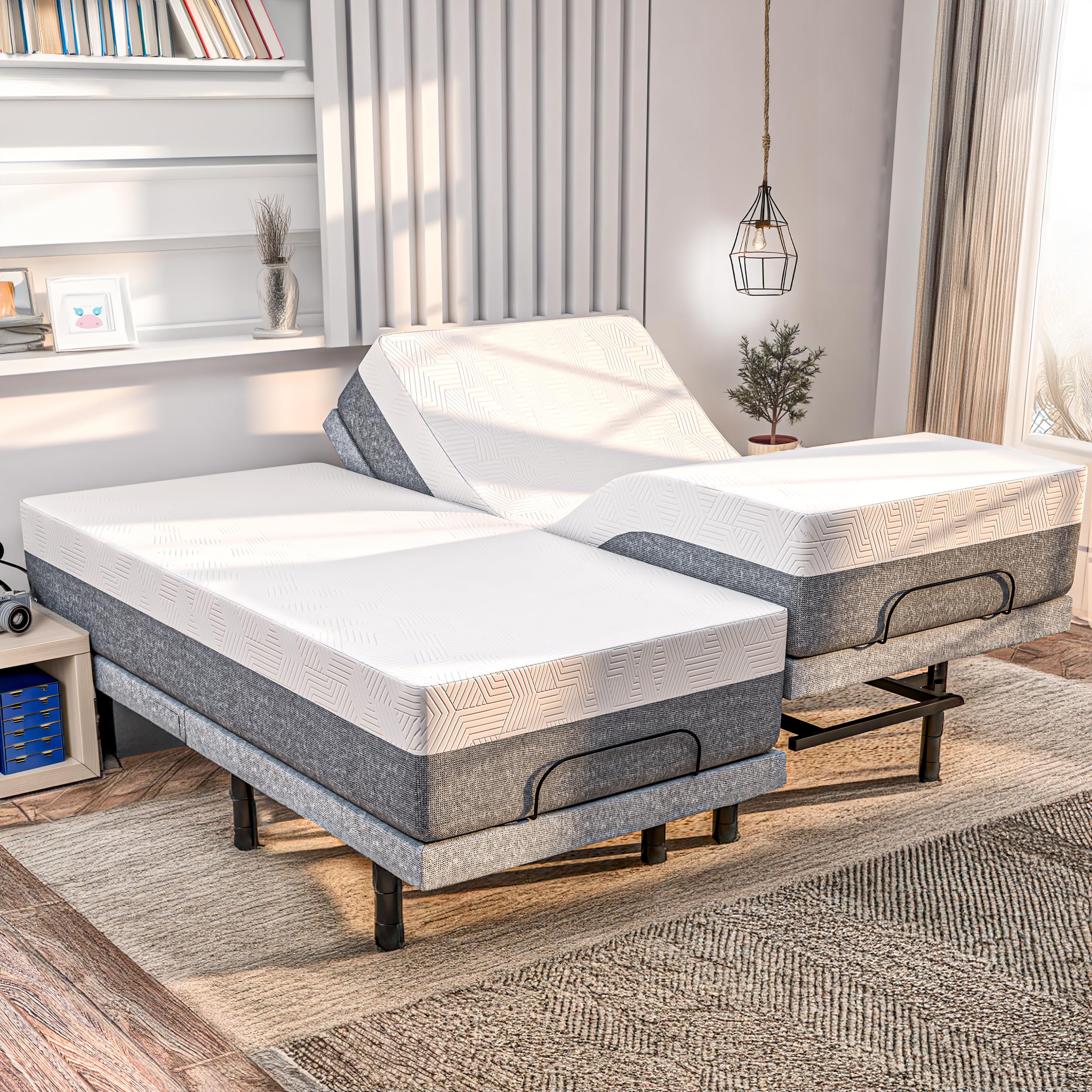SFE Split King Electric Adjustable Bed Frame with 14" Hybrid Memory Foam Mattress - Adjustable Mattress Base with Zero Clearance, Electric Massage, USB, UnderBed Light & Wireless Remote