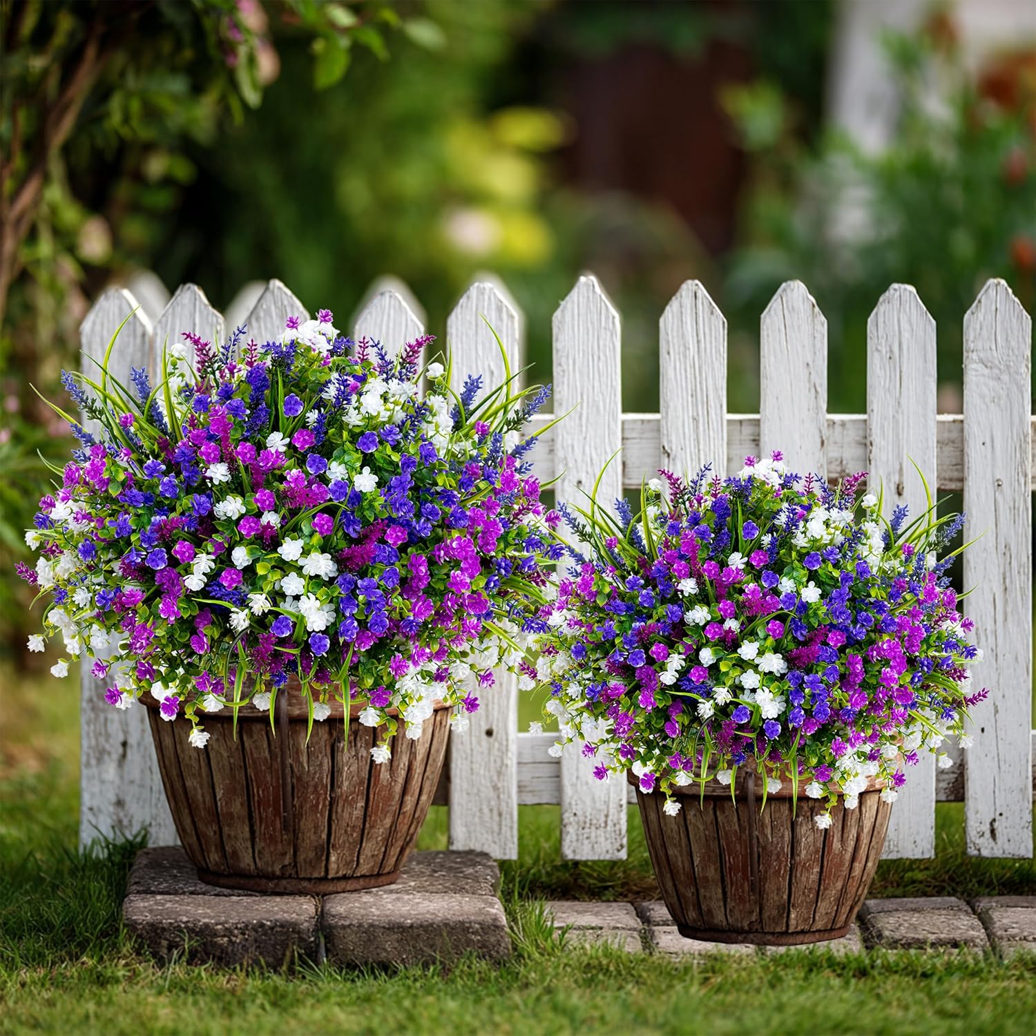 AXYLEX Artificial Flowers for Outdoors Fake Plants - 12 Bundles Faux Outside Greenery Boxwood No Fade Plastic Shrubs Home Decor Farmhouse Garden (Mixed, 3 Colors Magenta Purple White)