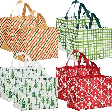Sanwuta 24 Pcs Large Christmas Bags Bulk for Gifts 12.8 x 9.8 x 6.7 in Tote Grocery Bags with Handles Red Green Stripe Reusable