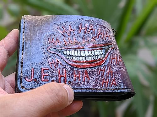 Miniatura 2 de Men's 3D Genuine Leather Wallet, Hand-Carved, Hand-Painted, Leather Carving, Custom wallet, Personalized wallet, Joker, Laugh HA HA HA, Smile, Face,