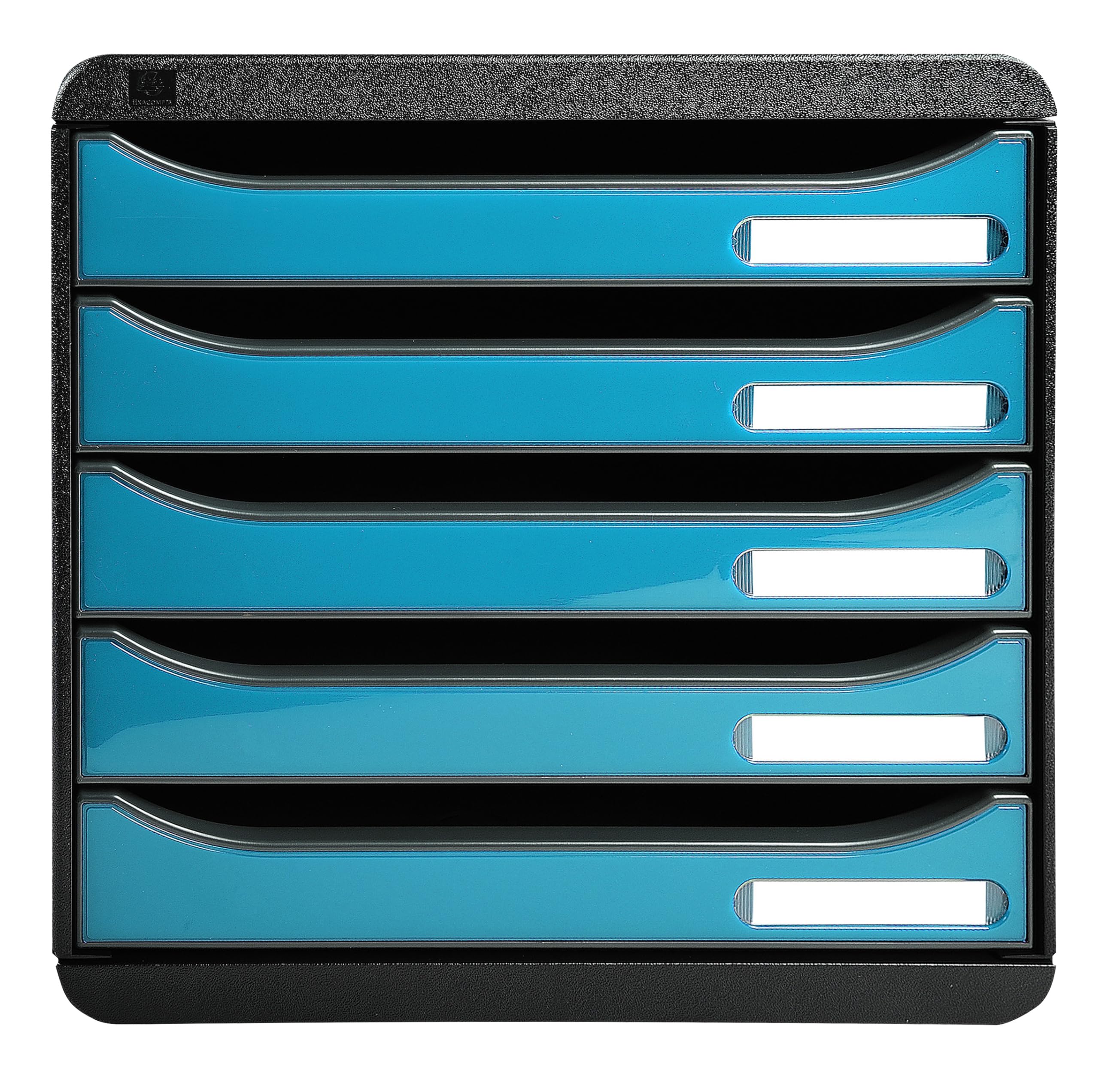 Exacompta - Ref 3097282D - BIG-BOX PLUS Desktop Drawer Set - 5 x 43mm Drawers, Suitable for A4+ Documents, 347 x 278 x 271mm, 100% Recycled Plastic - Black/Glossy Turquoise