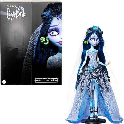 Monster High Skullector Gnijąca panna młoda Lalka kolekcjonerska Emily w gotyckiej pajęczej sukni ślubnej z welonem, podstawka dla lalki, zabawka filmowa dla dorosłych kolekcjonerów, JDR67
