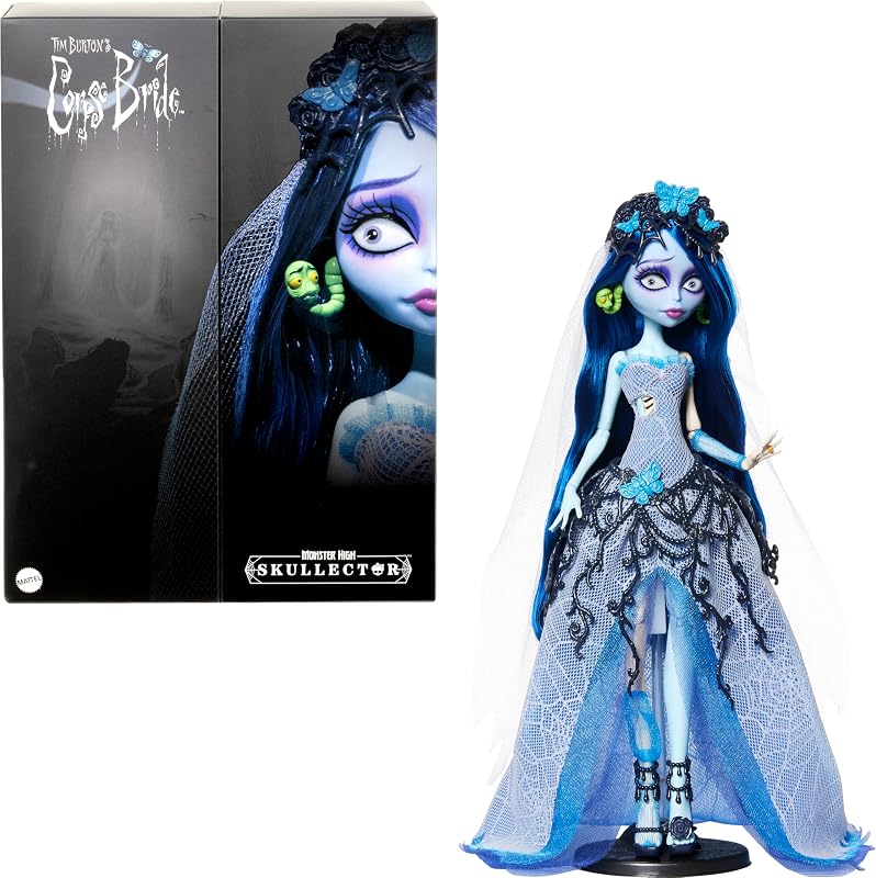 Muñeca Monster High Skullector, cadáver de la novia Emily coleccionable en vestido de novia gótico de tela de araña con accesorios como velo de gasa y soporte para muñecas