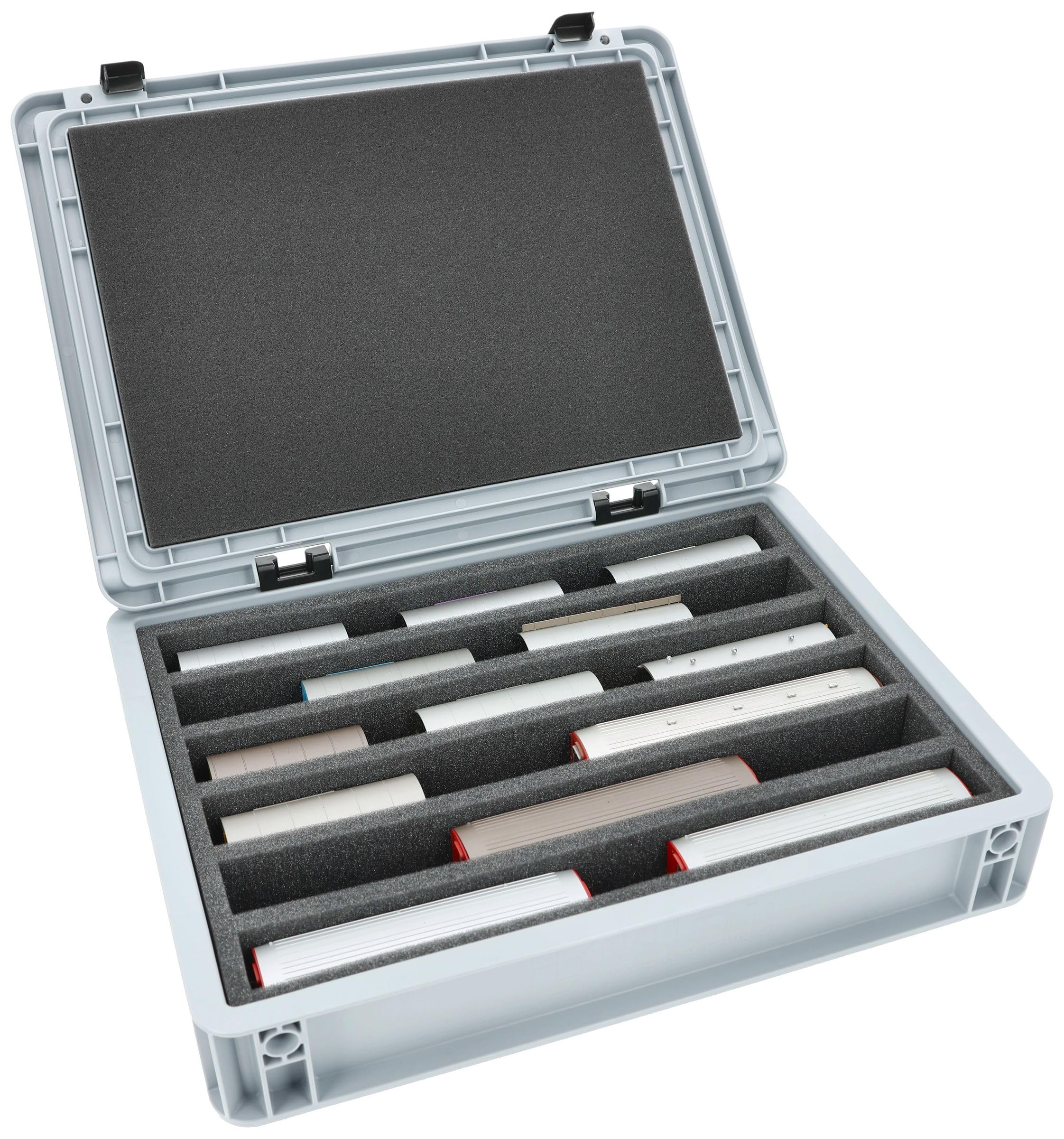 Feldherr Eurobox 40 x 30 cm zestaw do modeli kolejek – tor H0 m – 6 przegródek – wkładka piankowa do przechowywania w pozycji stojącej – kompaktowe rozwiązanie transportowe do lokotek i wagonów