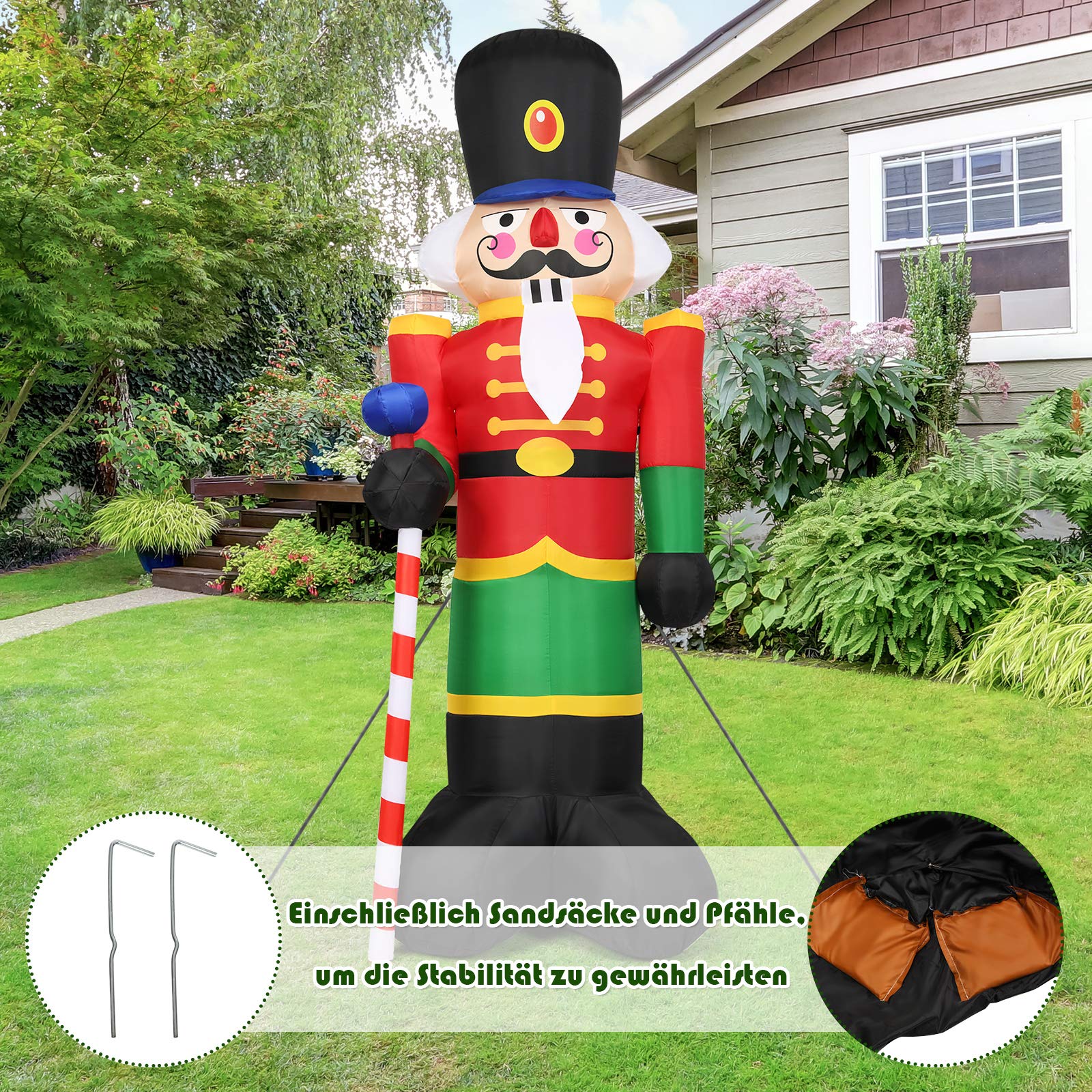 COSTWAY 240CM Aufblasbarer Nussknacker-Soldat, Weihnachtsmann Soldat mit 3 LED-Leuchten, Weihnachtsdekoration für drinnen und draußen, selbstaufblasend
