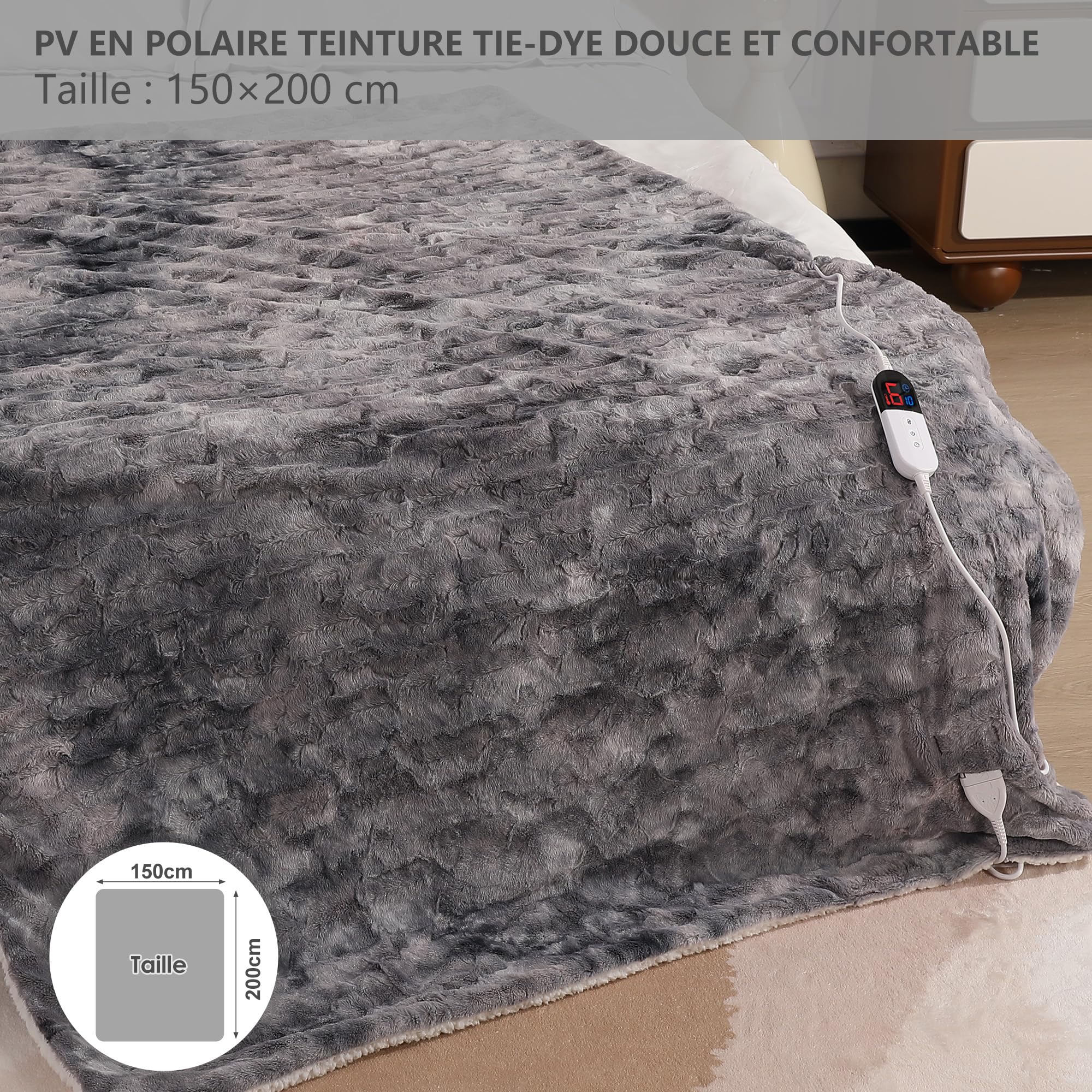 COZYTY Manta térmica con apagado automático, 150 x 200 cm, forro polar Tie-Dye, 6 niveles de calor y apagado automático durante 10 horas, lavable a máquina, manta térmica suave para casa y oficina