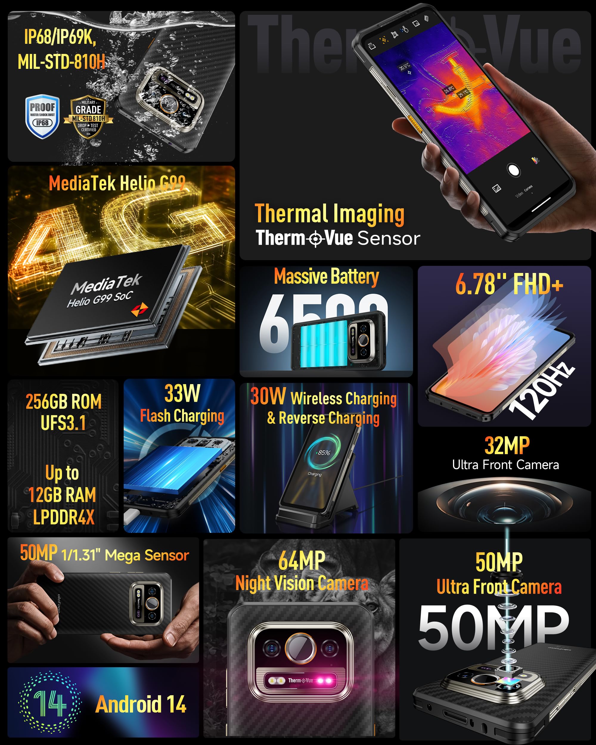 Ulefone Armor 25T Outdoor Smartphone mit Wärmebildkamera, 12GB+256GB/2TB Android 14 Handy, 50MP+64MP Nachtsicht 6500mAh Akku 33W 6,78'' FHD+120Hz, 4G Dual SIM, IP68/IP69K/Face ID/NFC/OTG/GPS
