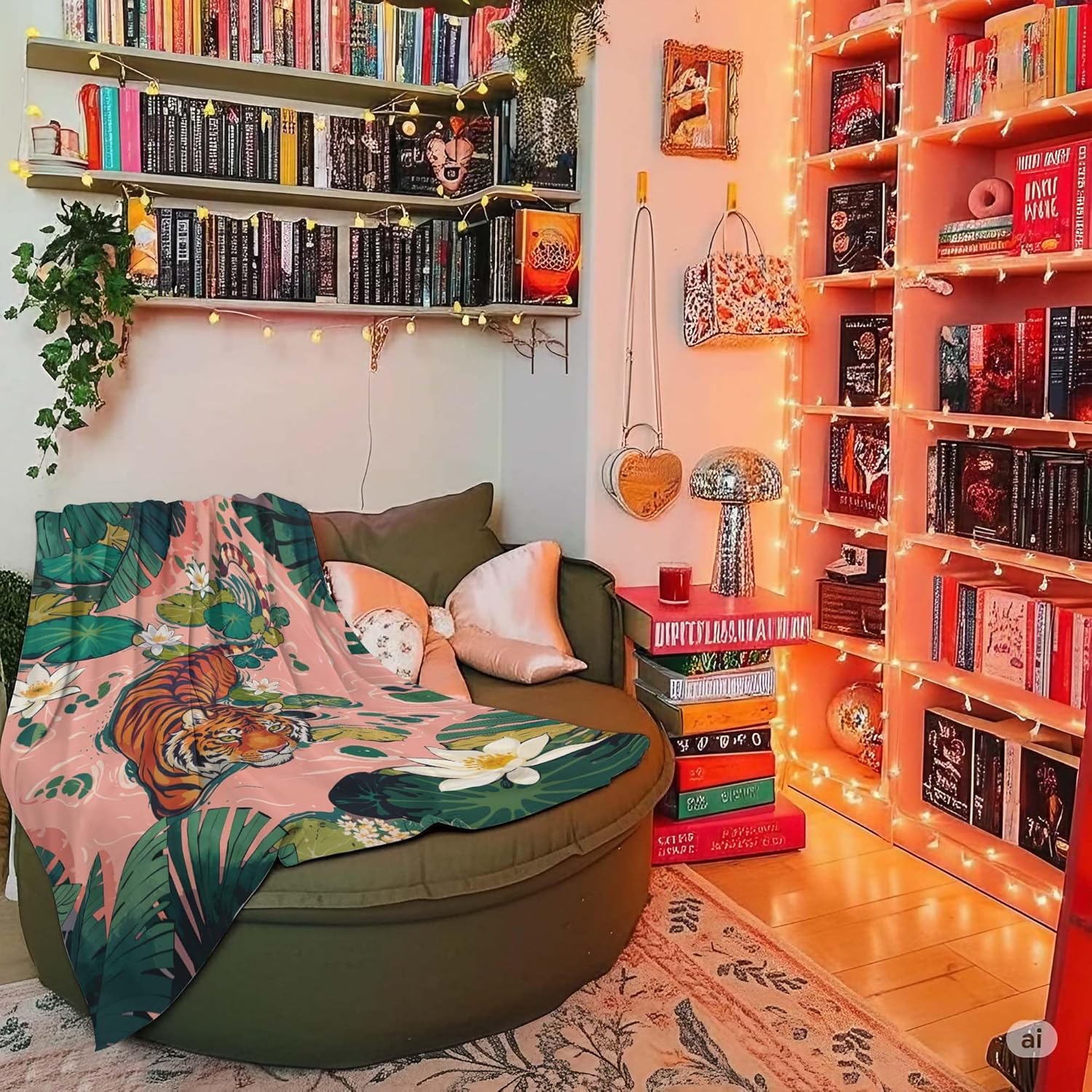 Tiger Blanket 50"x 60", Boho Vintage Tiger Print Water Lilies Tropical Flower Throw Blanket, Pink Green Soft Cozy Lightweight Flannel Throws Blankets Gifts for Women Men Couch Bed Sofa Chair Decor - Image 5