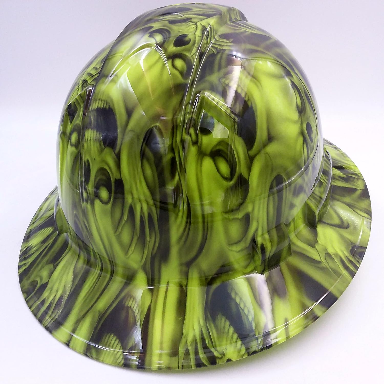 Wet Works Imaging Customized Pyramex Full Brim HI VIS Green See NO Evil Skulls Hat with Ratcheting Suspension