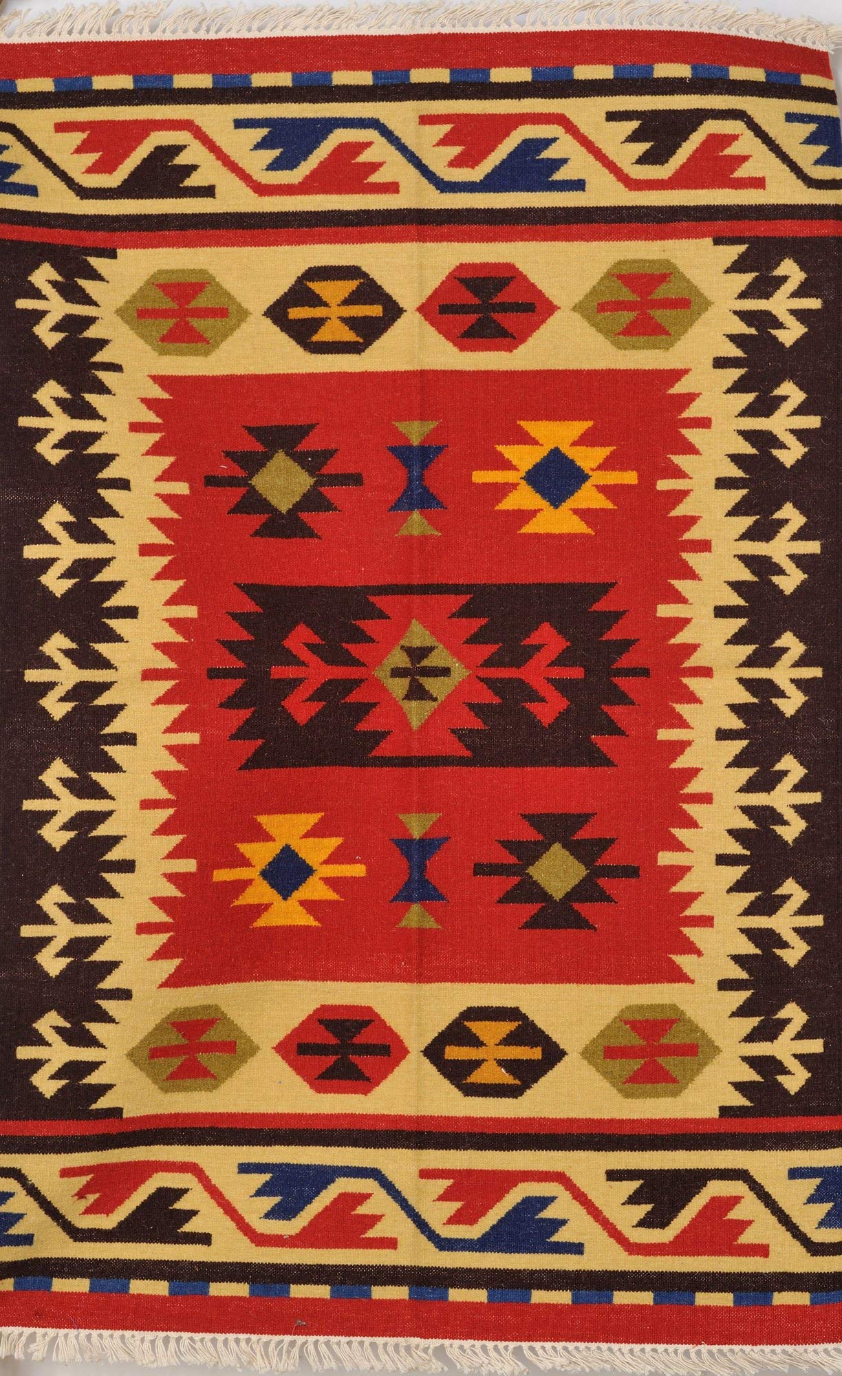 Black and Red Handloom Dhurrie from Sitapur with Woven Motifs - Pure Wool