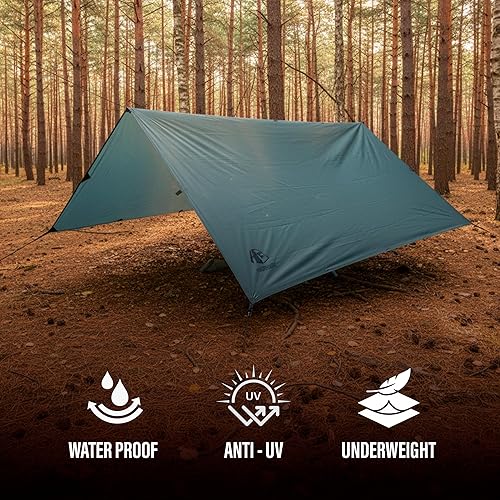 Miniatura 7 de Lona de campamento de 10 x 10 pies (9.8 x 9.8 ft) impermeable y ligera, para mochileros, refugio de hamaca, tienda de supervivencia de emergencia,