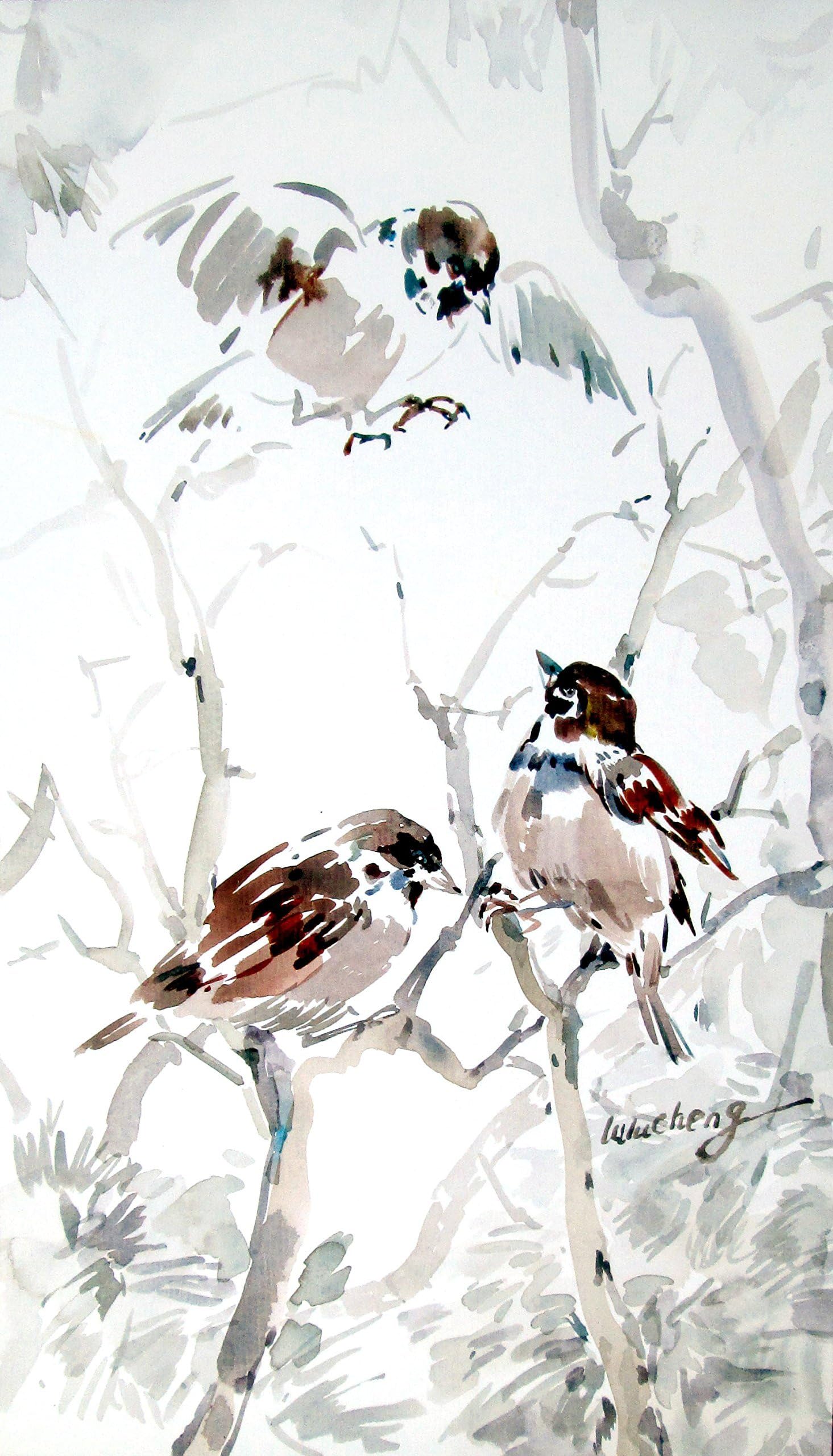 Sparrow painting Winter bird painting Original bird painting Asian painting Wild animals painting Bird art Vintage bird painting