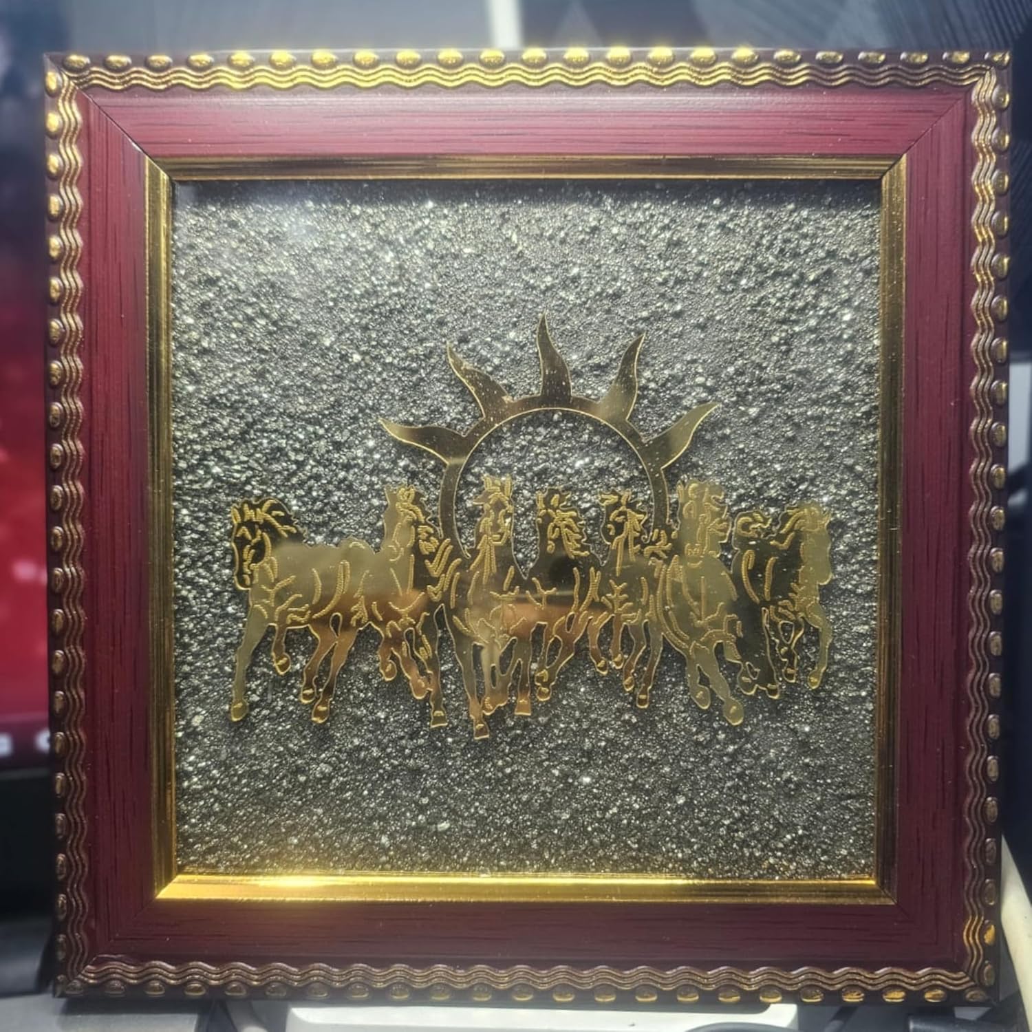 Seven Running Horses Pyrite Dust Frame Certified | For Attracting Wealth, Money & Protection | Vastu & Feng Shui Decor for Home & Office