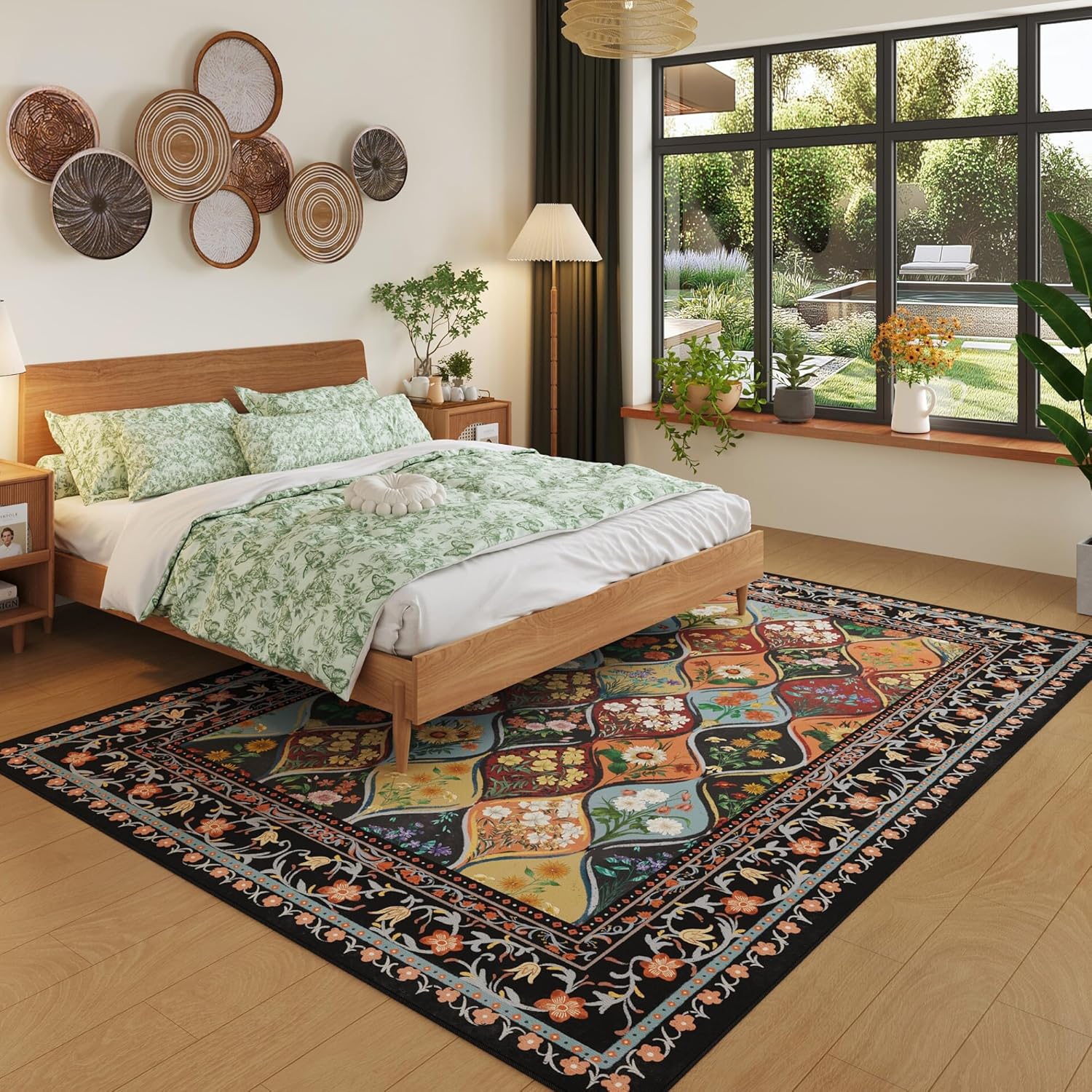 Bohemian Geometric Floral Area Rugs 5x7, Machine Washable, Low Pile Soft Carpet, Non-Slip for Living Room, Bedroom, Dining Room, Farmhouse, Kids Playroom, Office | Black