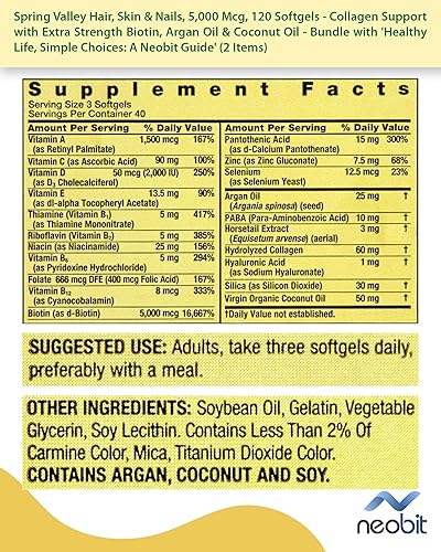 Miniatura 6 de Spring Valley Hair, Skin &amp; Nails, 5,000 Mcg, 120 Softgels - Collagen Support with Extra Strength Biotin, Argan Oil &amp; Coconut Oil - Bundle with