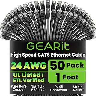 GEARit Cat6 Patch Cables Cat 6 Ethernet Cable 1 ft 50-Pack Black | Ethernet Patch Cable, 10Gbps 550MHz 24AWG Pure Copper, Snagless, Gold Plated RJ45 for Router, Server, Router, PC