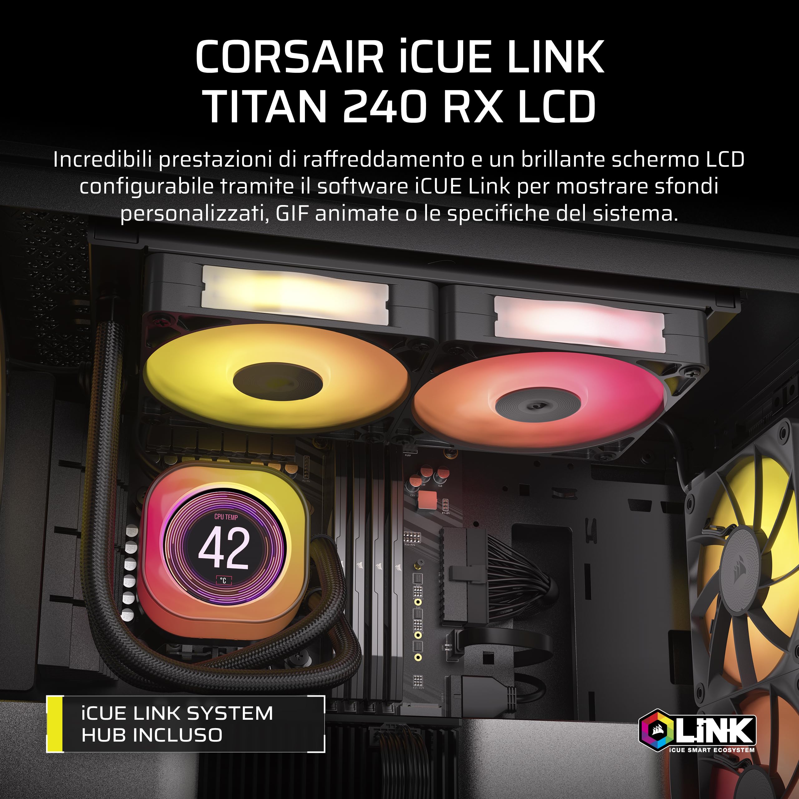 CORSAIR iCUE LINK TITAN 240 RX LCD Raffreddatore CPU a Liquido – Motore di Raffreddamento FlowDrive – Intel LGA 1851/1700, AMD AM5/AM4 – 2x RX120 Ventole RGB – iCUE LINK System Hub Incluso – Nero