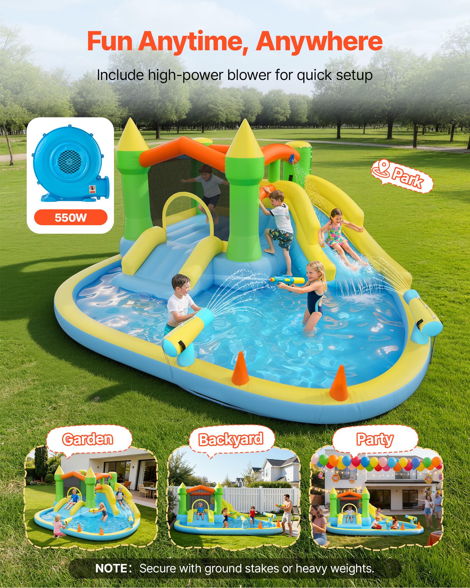 VEVOR Castello Gonfiabile da Esterno per Bambini 382 x 398 x 197 cm con Scivolo Piscina Gioco d'Acqua, Castello Gonfiabile Capienza ca. 3-4 Bambini per Età 3–8 Anni, Carico max. 160 kg