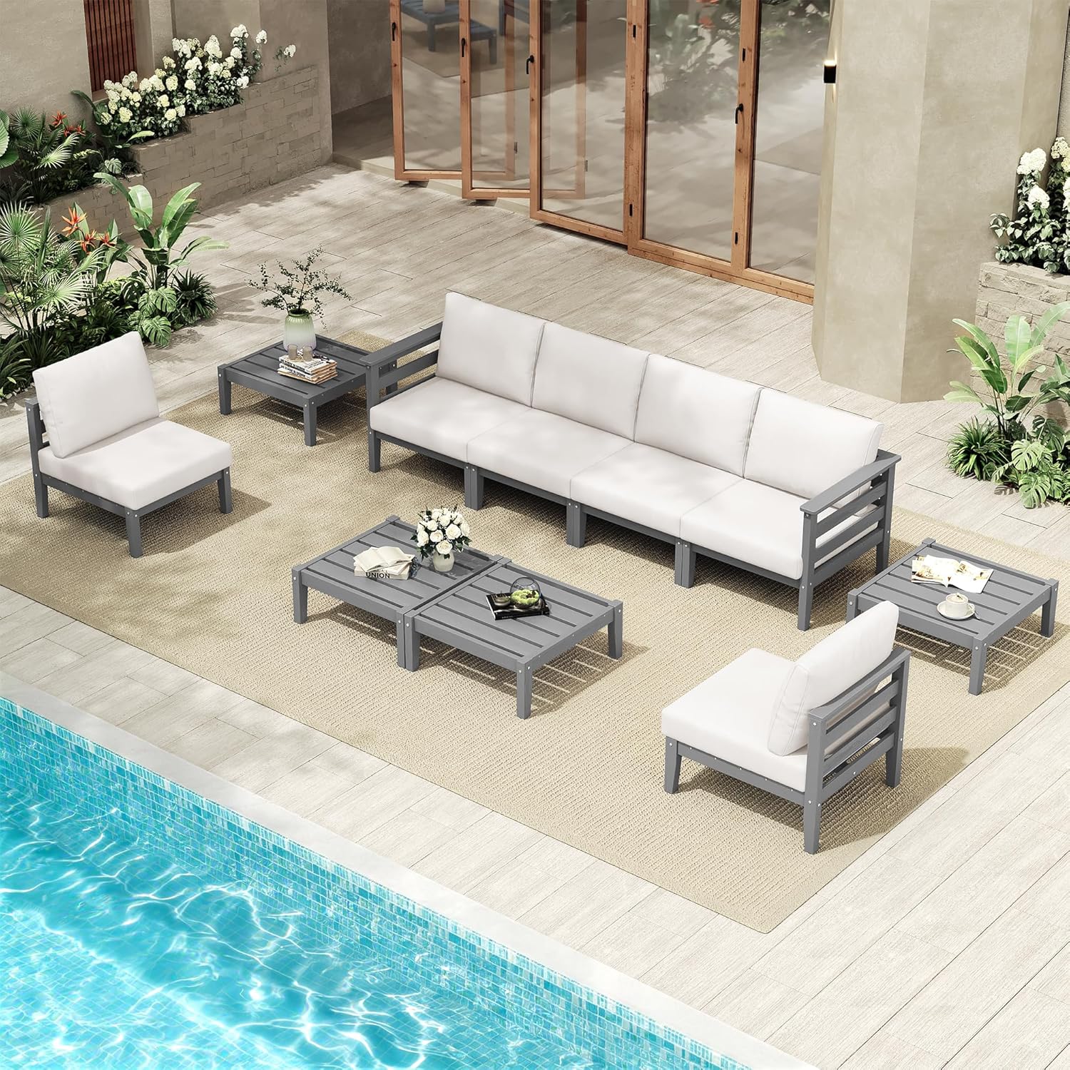 SERWALL HDPE Patio Furniture Set, 10 Pieces Outdoor Sectional Sofa Set, All-Weather Wood-Like Outdoor Sofa Couch with Coffee Table for Deck, Lawn, Grey Frame with Khaki Cushion