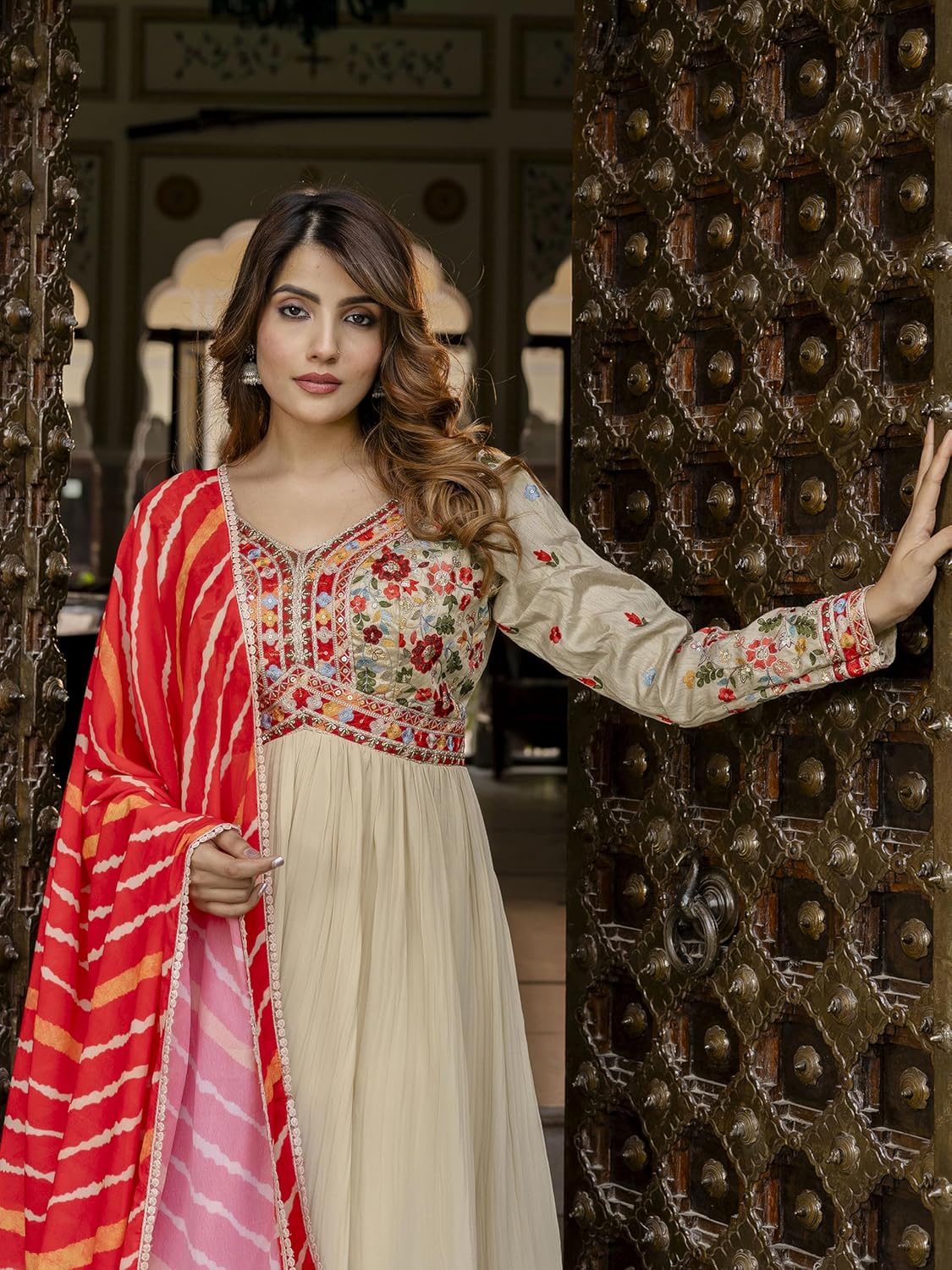 TRENDMALLS Women's Georgette Embroidery Sequence work Anarkali Kurta Pant Set with Dupatta for Women (G284-OffWhite-3XL)