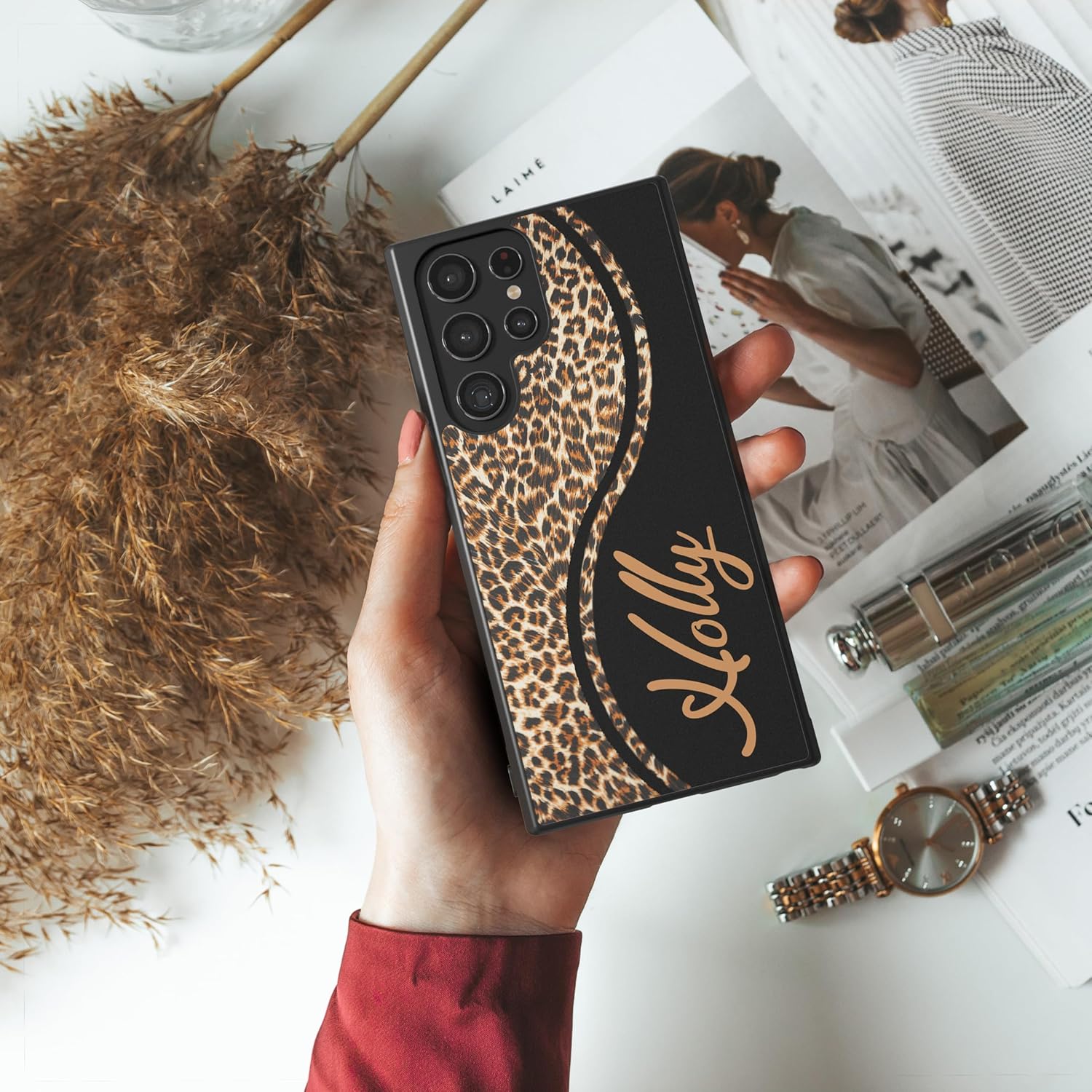 Leopard Skin Personalized Black Rubber Phone Case Compatible With Samsung Galaxy S25 S25FE S25+ S25 Ultra S24 S24+ S24 Ultra S24FE, S23 FE S23+ Ultra S22 S22+