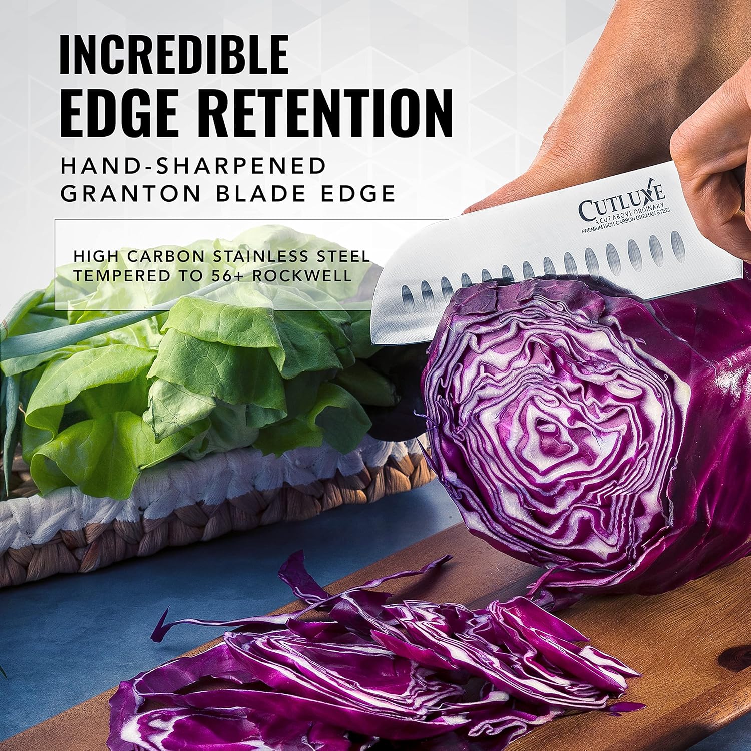 Cutluxe Santoku Knife with Razor-Sharp German Steel – Artisan Series – Complete Sharpening Stone Kit – Includes Whetstone, Non-Slip Acacia Wood Base, Angle Guide, Flattening Stone, and Leather Strop