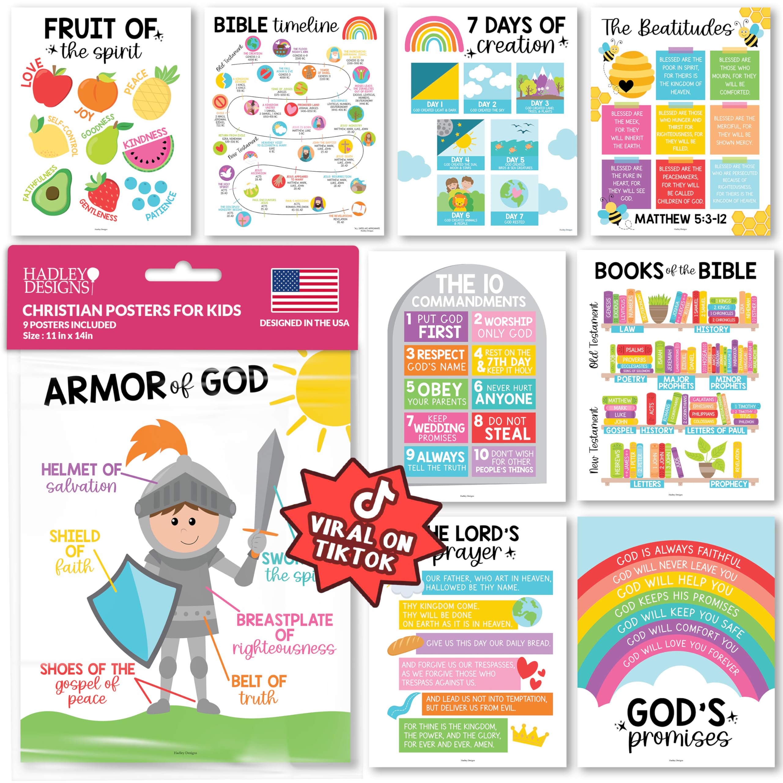 Hadley Designs Sunday School Decorations for Classroom – 9 Bible Posters for Kids, 11x14in Books of the Bible Poster, 10 Commandments, Fruits of the Spirit & More – Rainbow Christian Classroom Decor