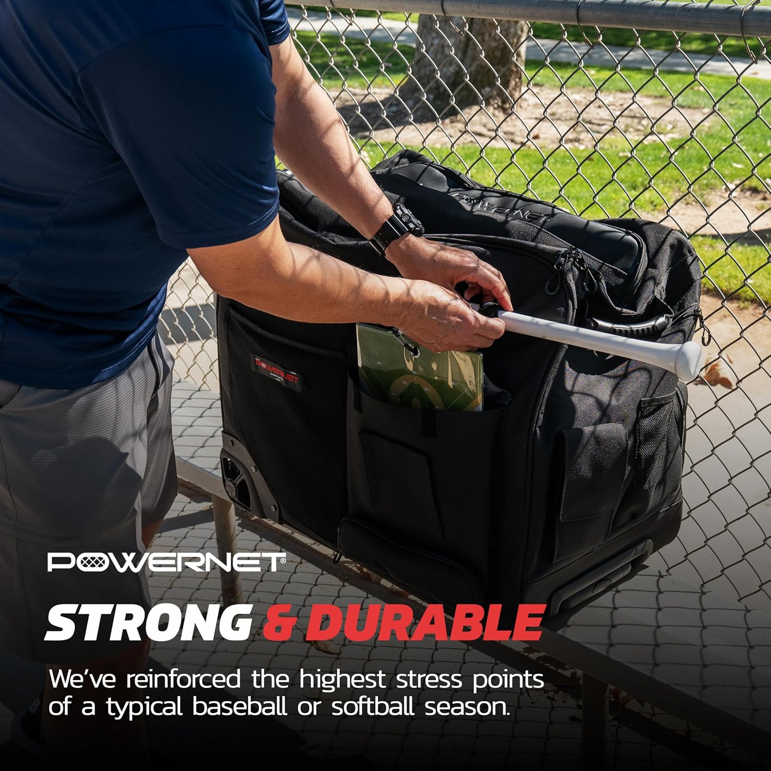 PowerNet Rolling Bucket Bag, Holds 2 6-Gallon Bucket of Baseballs & Softballs, Storage Pockets for Baseball Bat, Gloves & Scoreboards, Fits Launch F-lite Pitching Machine & Balls