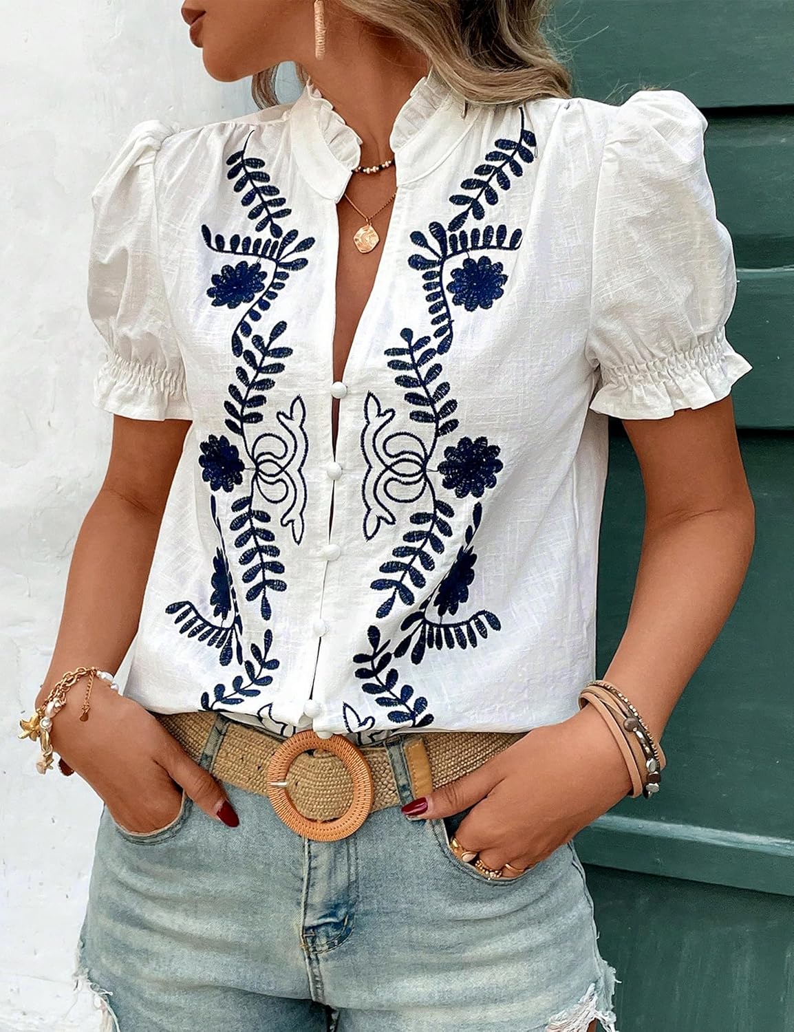 Women's Summer Tops 2026 Casual Ruffle V Neck Puff Short Sleeve Button Down Shirts Embroidered Blouses