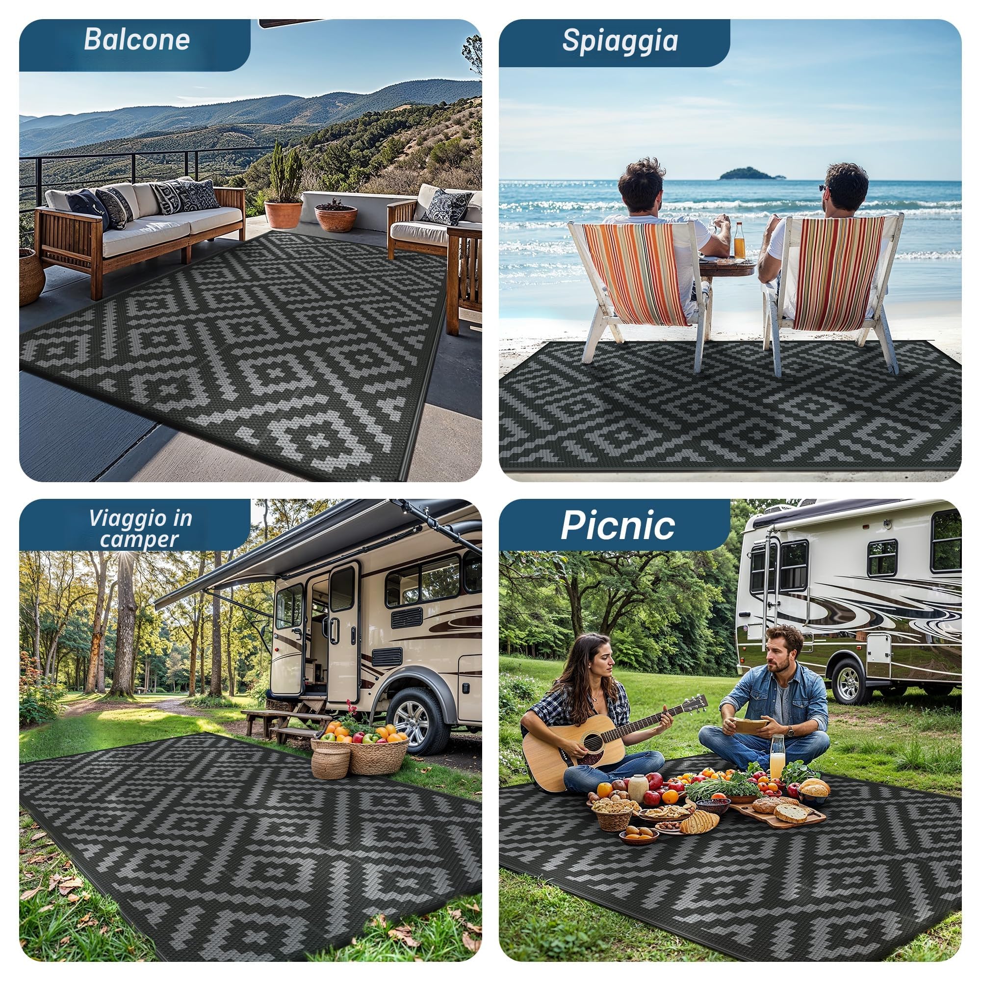 GENIMO Tappeto da Esterno, Impermeabili Eeversibili Lavabili Plastica,Tappeto Per Esterno per Terrazze,Giardinoin,Camper,Picnic,Balcone,Nero-Grigio,150x240cm