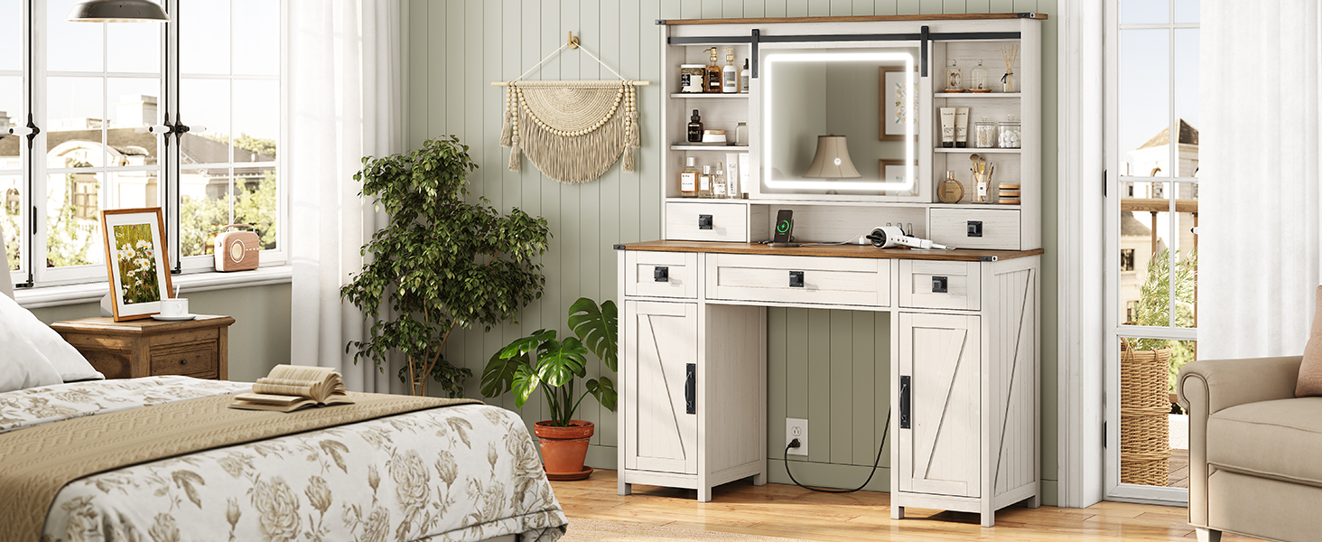 Amazon.com: AOGLLATI Farmhouse Makeup Vanity Desk with Lights