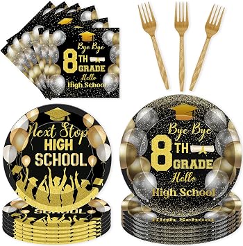 8th Grade Graduation Decorations 2026, 96 Pcs Black Gold Disposable Plates and Napkins Set with Forks, Bye Bye 8th Grade Hello High School Theme Tableware for Middle School Promotion for 24 Guests